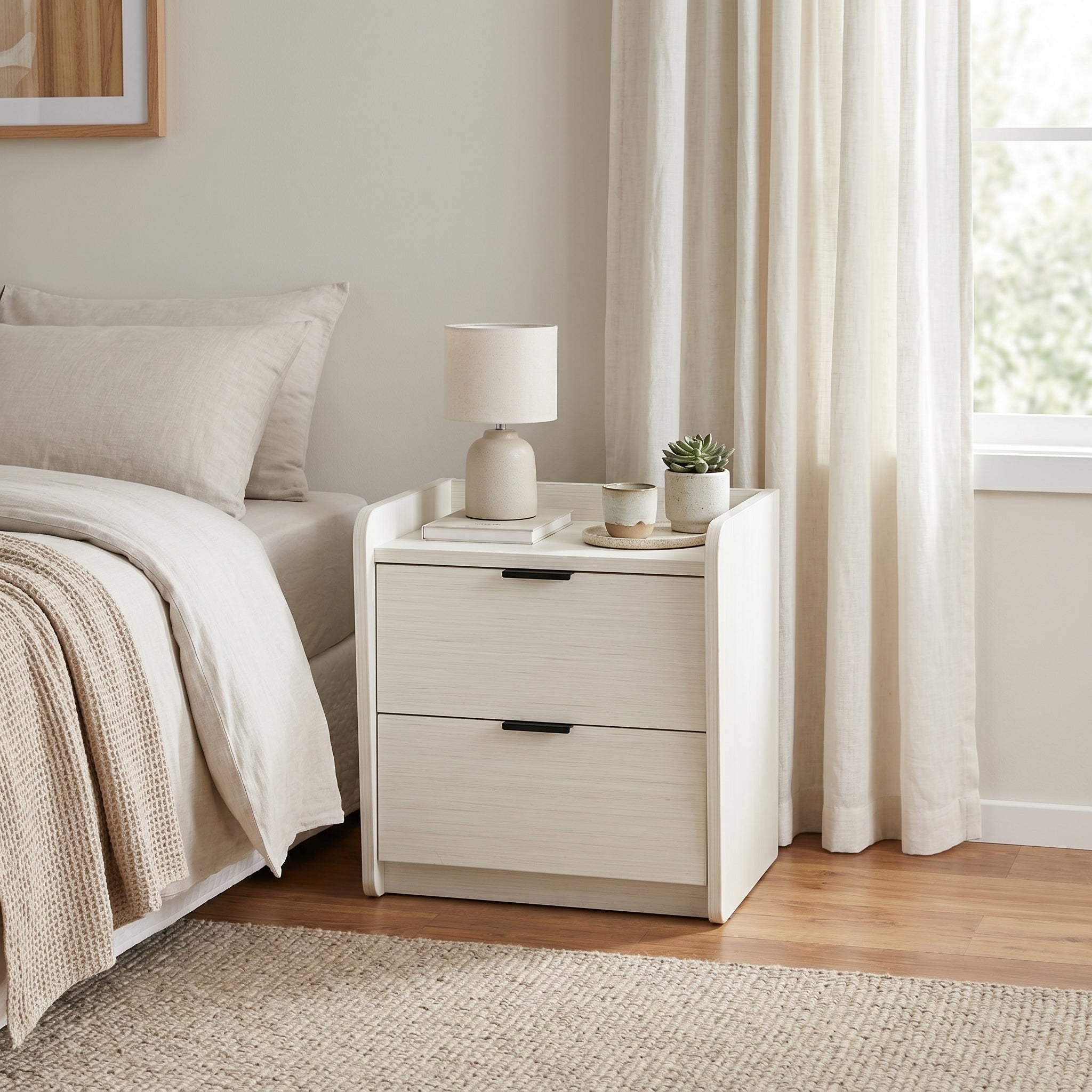 Corsi Bedside Table-A in white wood finish with two drawers and black handles | Proferlo