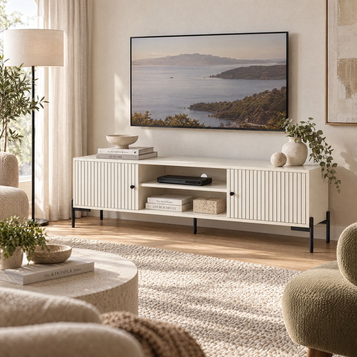 Cortona TV Stand, 1.5M, White Grain