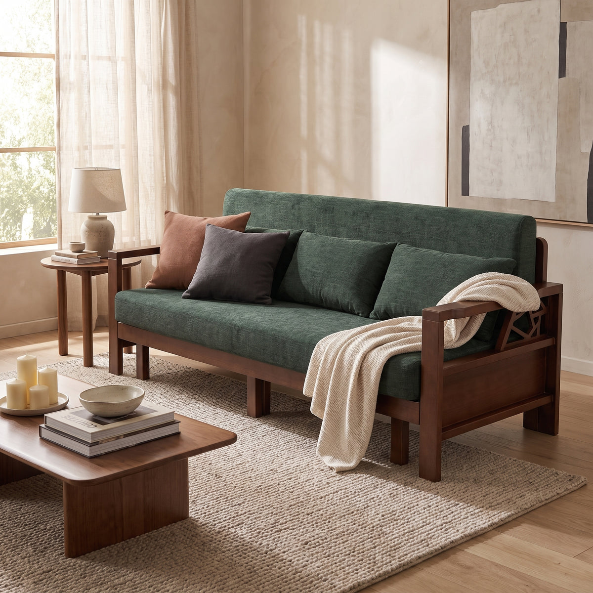 Elva 3-Seater Sofa Bed, Claro Walnut & Green