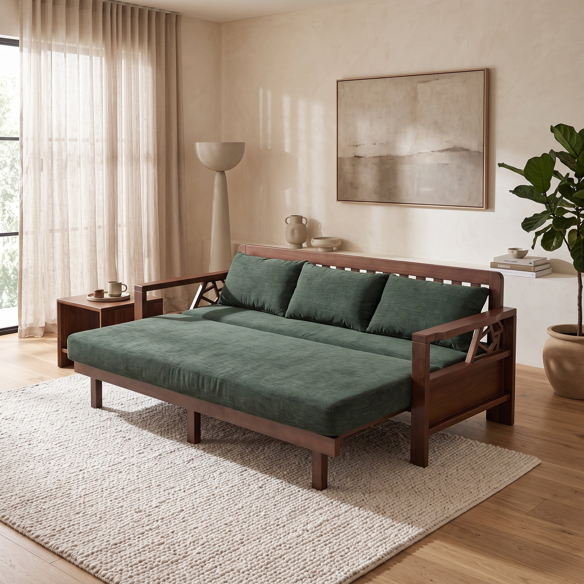 Elva 3-Seater Sofa Bed, Claro Walnut & Green