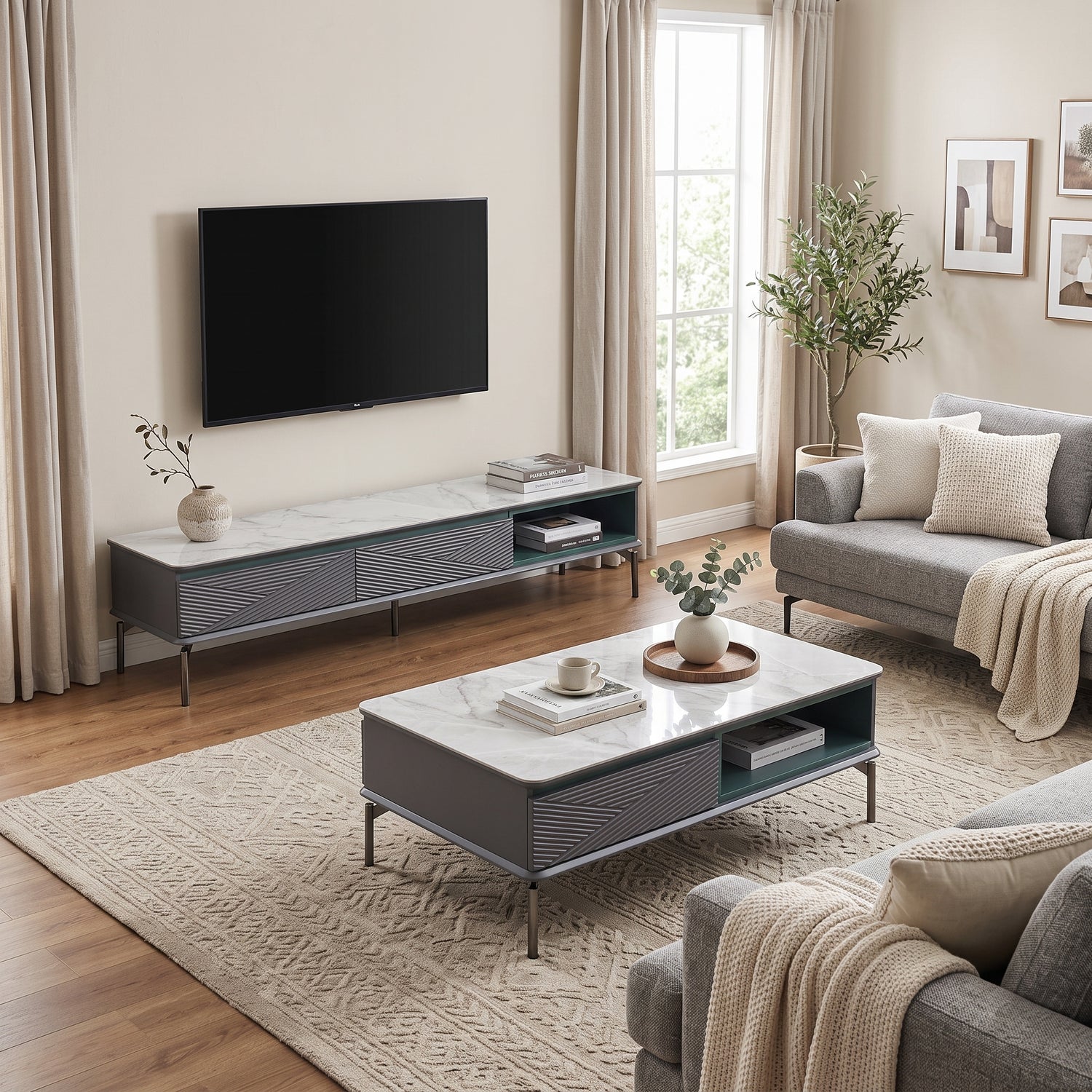Gorizia TV stand with sintered stone top, dark grey body and green accent storage | Proferlo