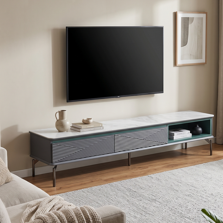 Gorizia TV stand with sintered stone top, dark grey body and green accent storage | Proferlo