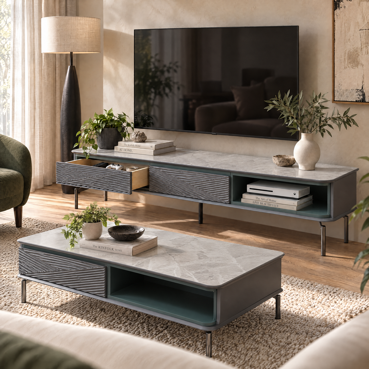Gorizia TV Stand, 2M, Grey & Green