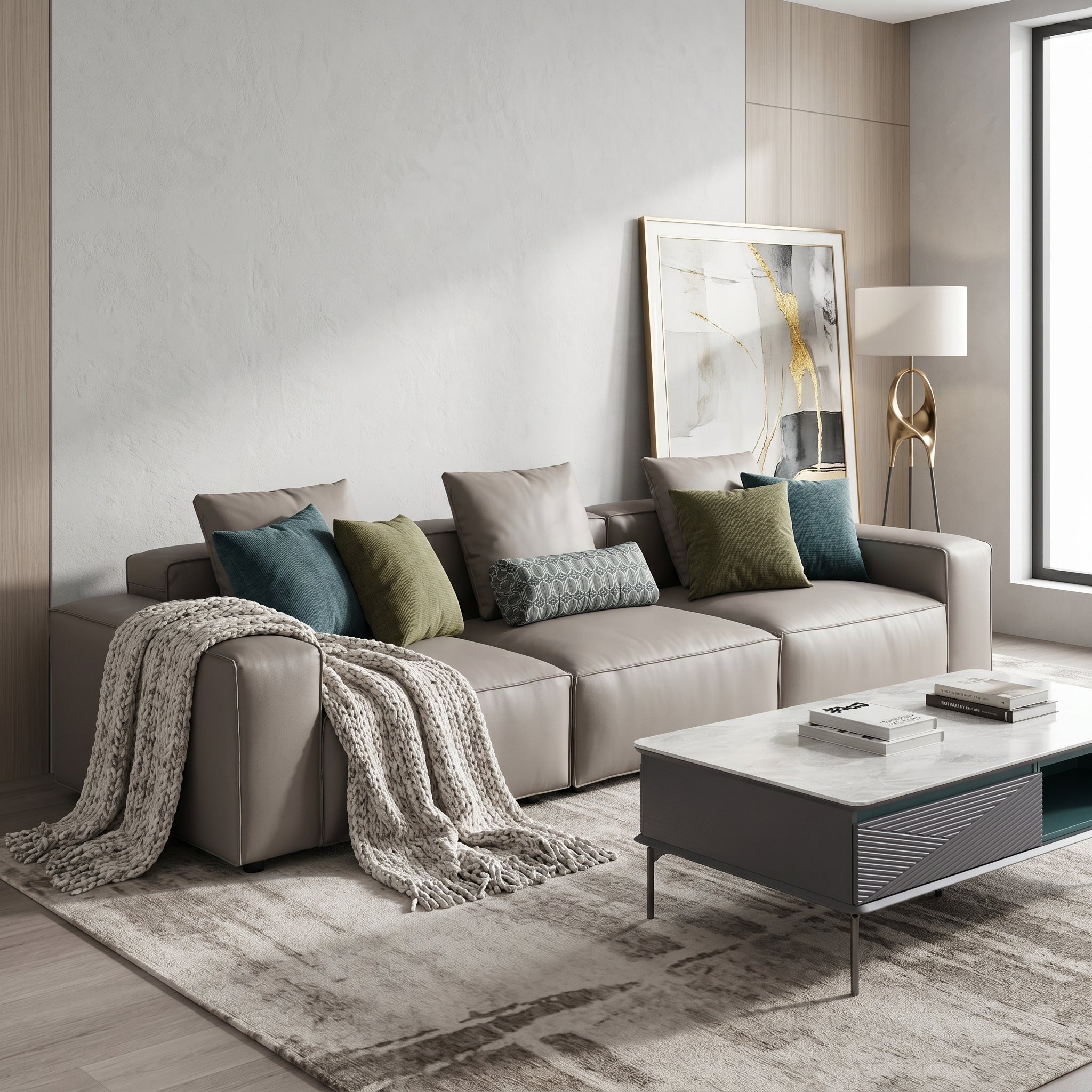 Gorizia three seater sofa in misty grey PU with cushioned armrests and backrest | Proferlo