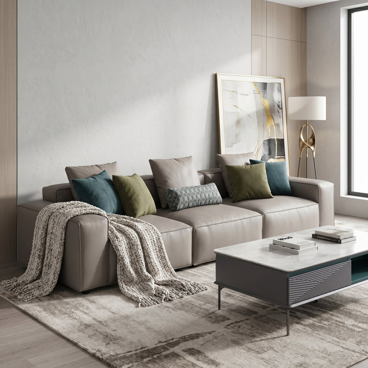 Gorizia three seater sofa in misty grey PU with cushioned armrests and backrest | Proferlo