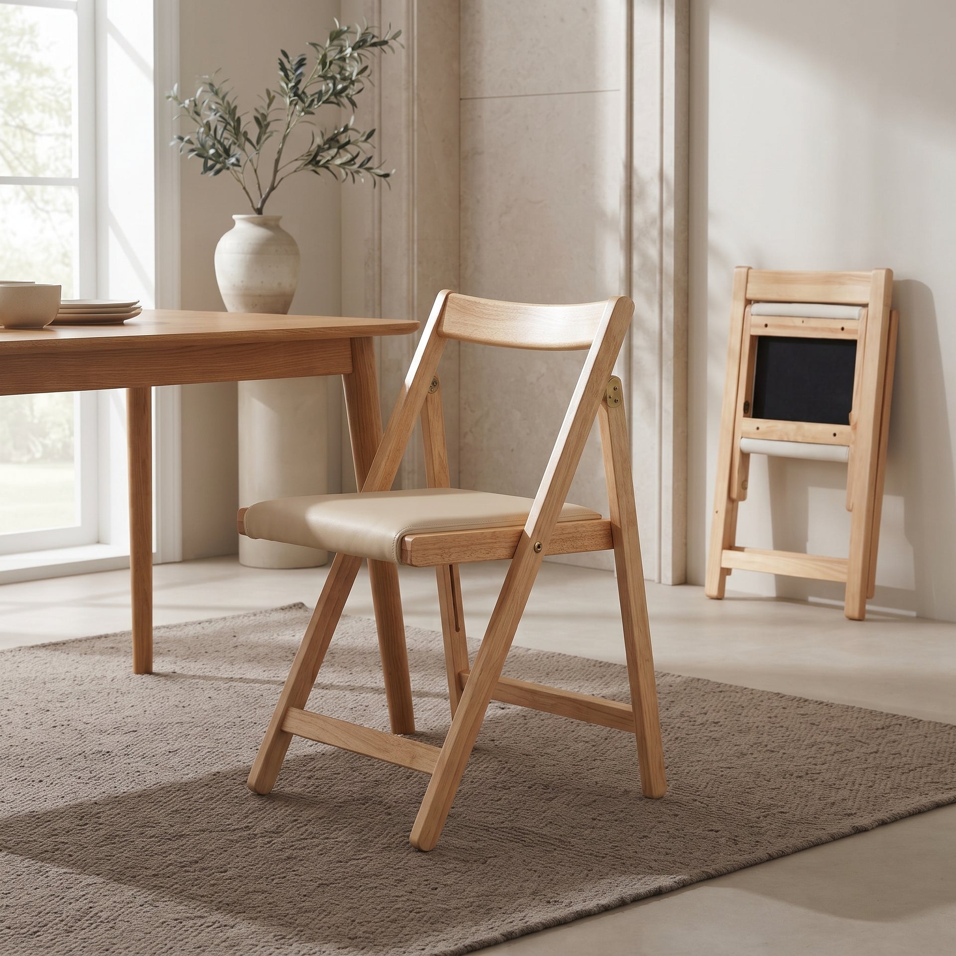 Lecce Foldable Dining Chair w Cushion Seat, Wood & Beige, Set of 2