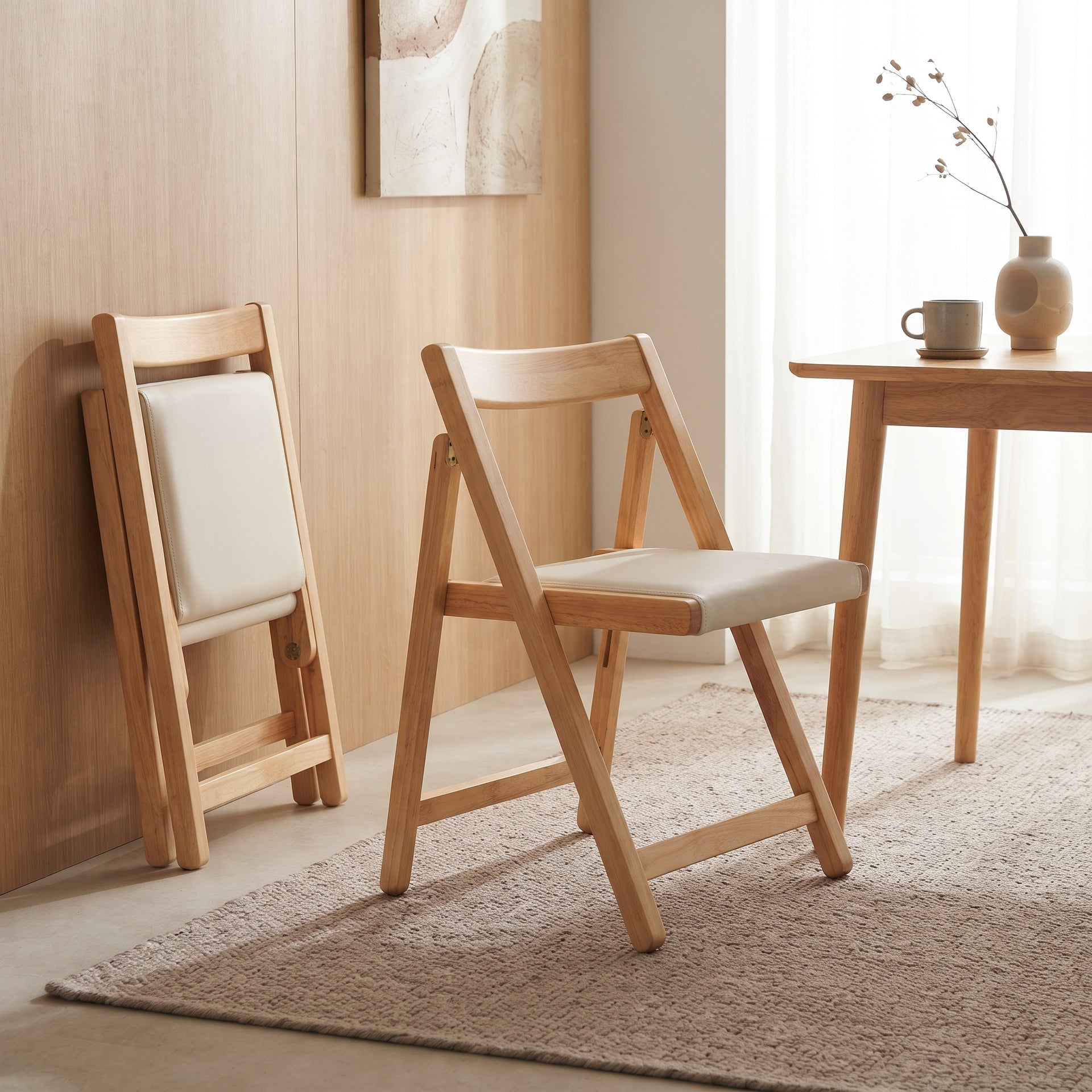 Lecce Foldable Dining Chair w Cushion Seat, Wood & Beige, Set of 2