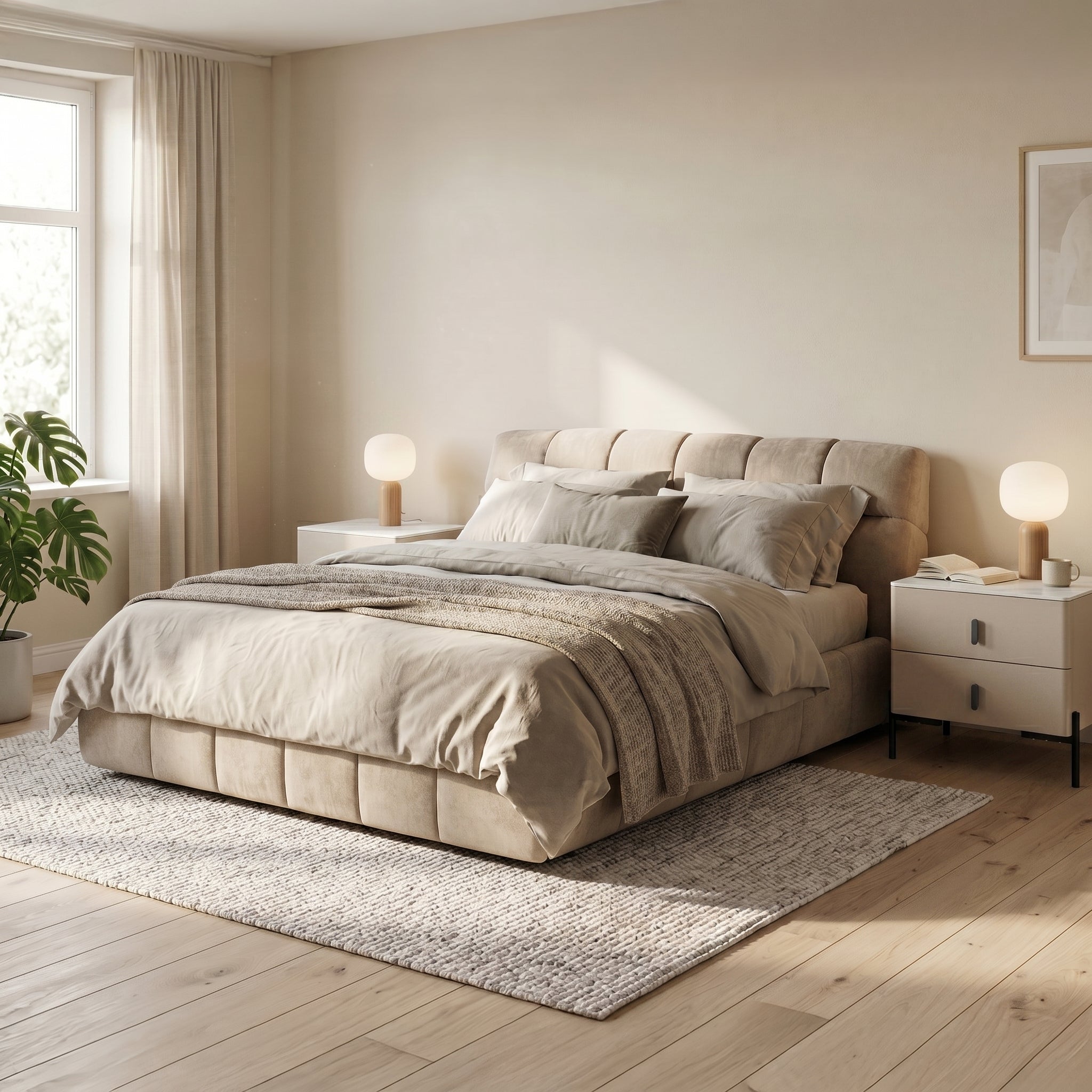 Upholstered Series bedroom collection bundle with bed frame and bedside tables | Proferlo