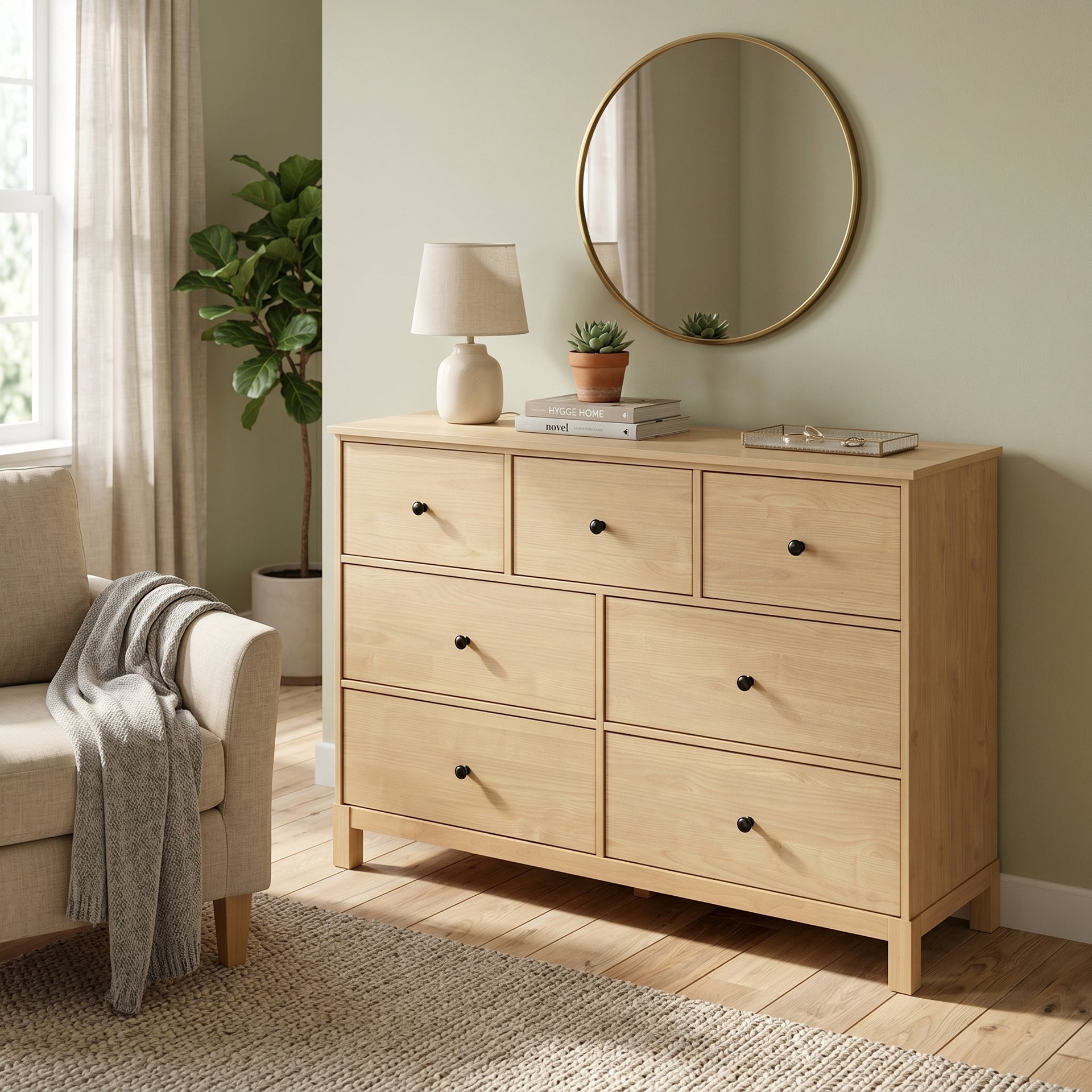 Modena 7 Drawers Lowboy, Oak