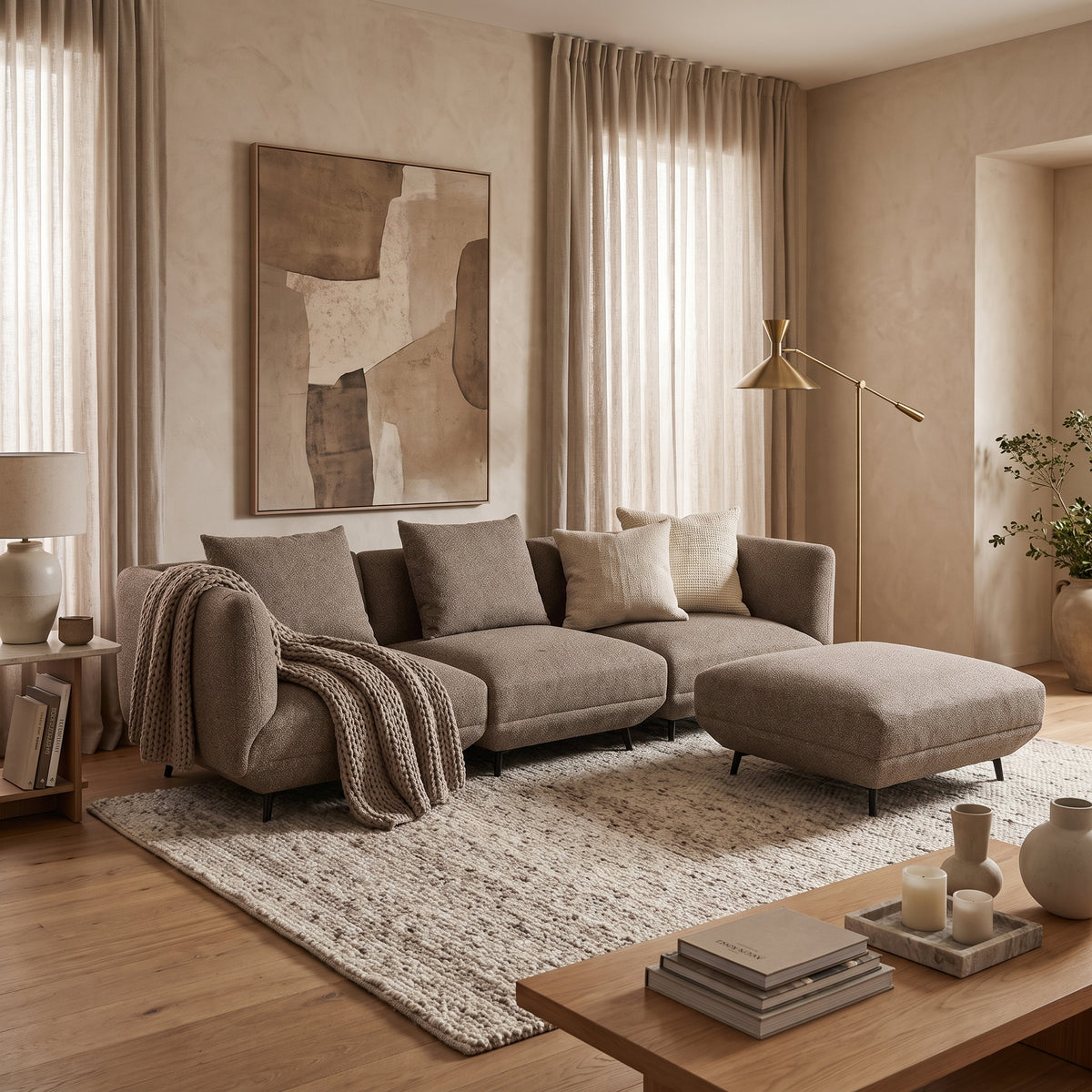 Novara Sectional 3-Seater Sofa, w Ottoman, Brown