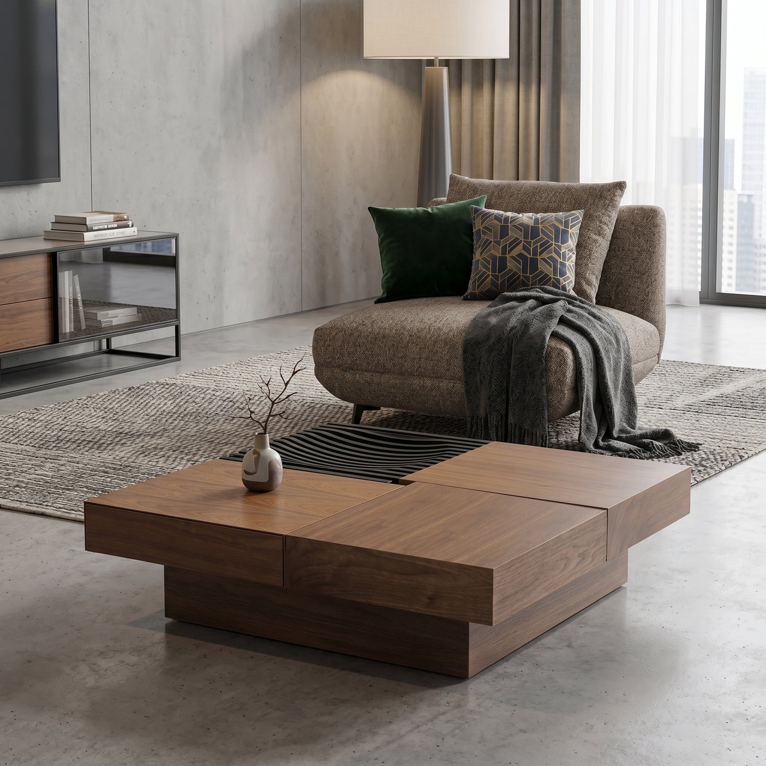 Novara sectional sofa bundle with chaise and coffee table in modern living room | Proferlo