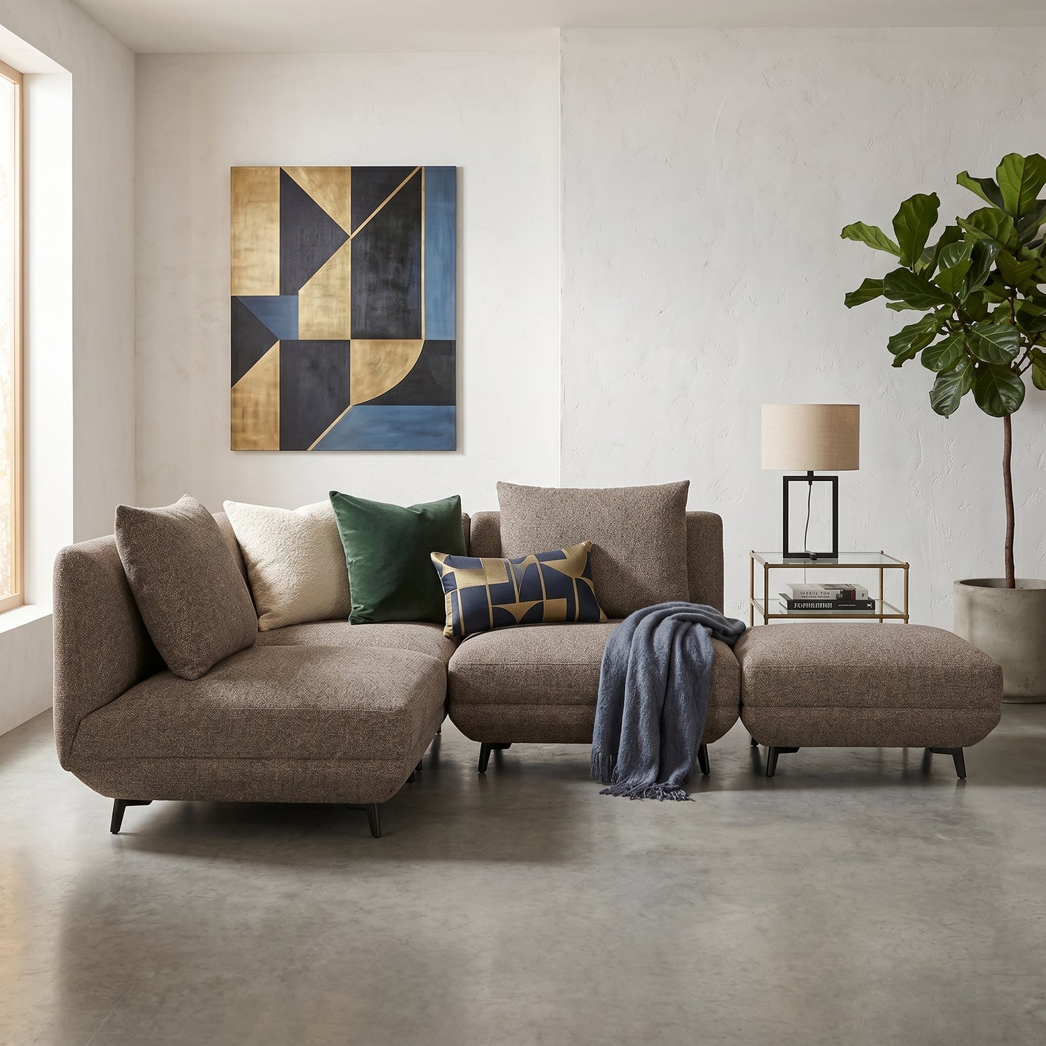 Novara brown fabric ottoman module with cushioned seat and black legs | Proferlo