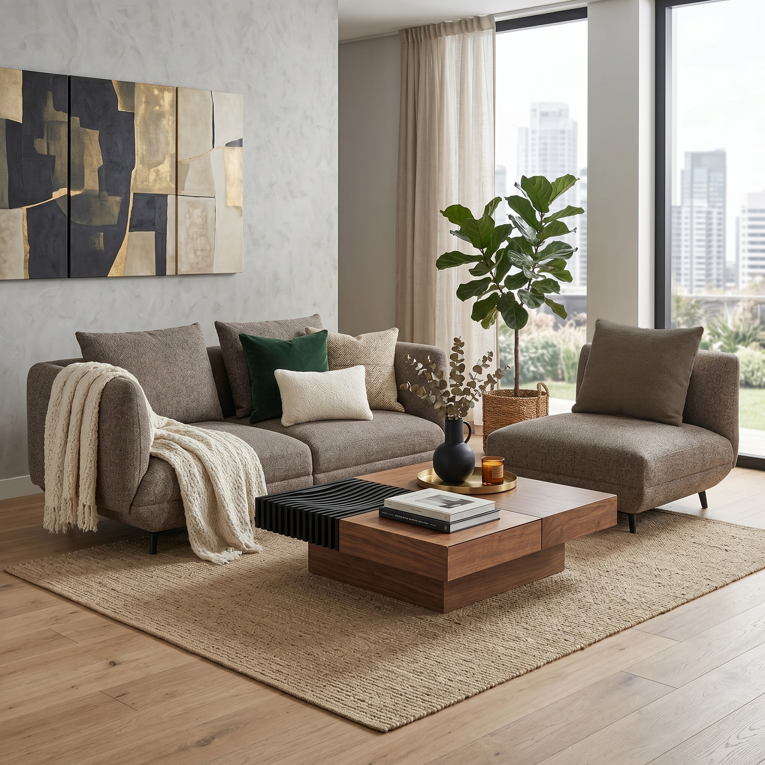 Novara brown fabric ottoman module with cushioned seat and black legs | Proferlo