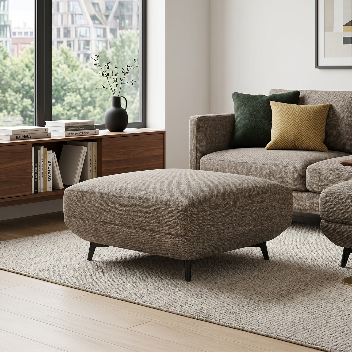Novara brown fabric ottoman module with cushioned seat and black legs | Proferlo