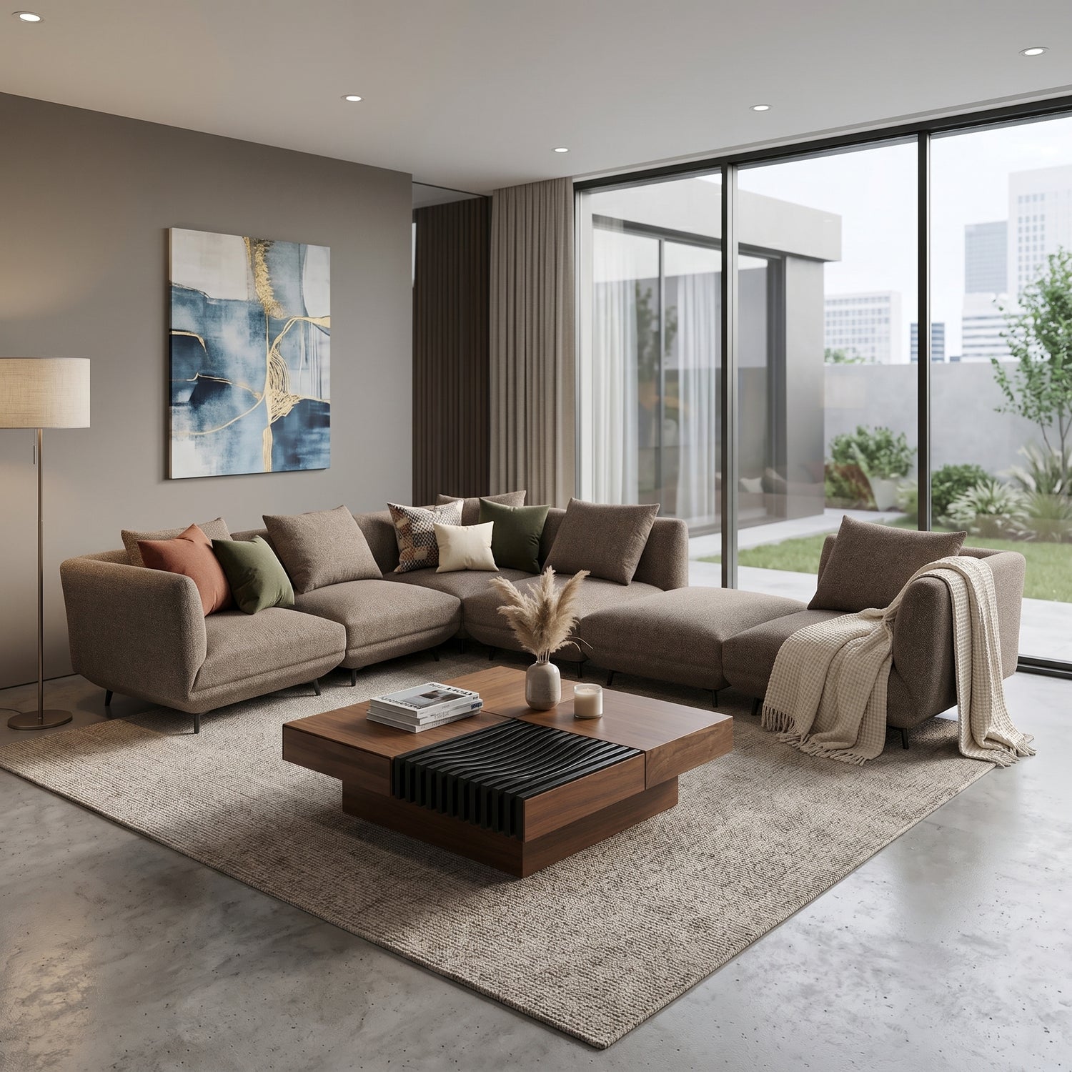 Novara brown fabric ottoman module with cushioned seat and black legs | Proferlo