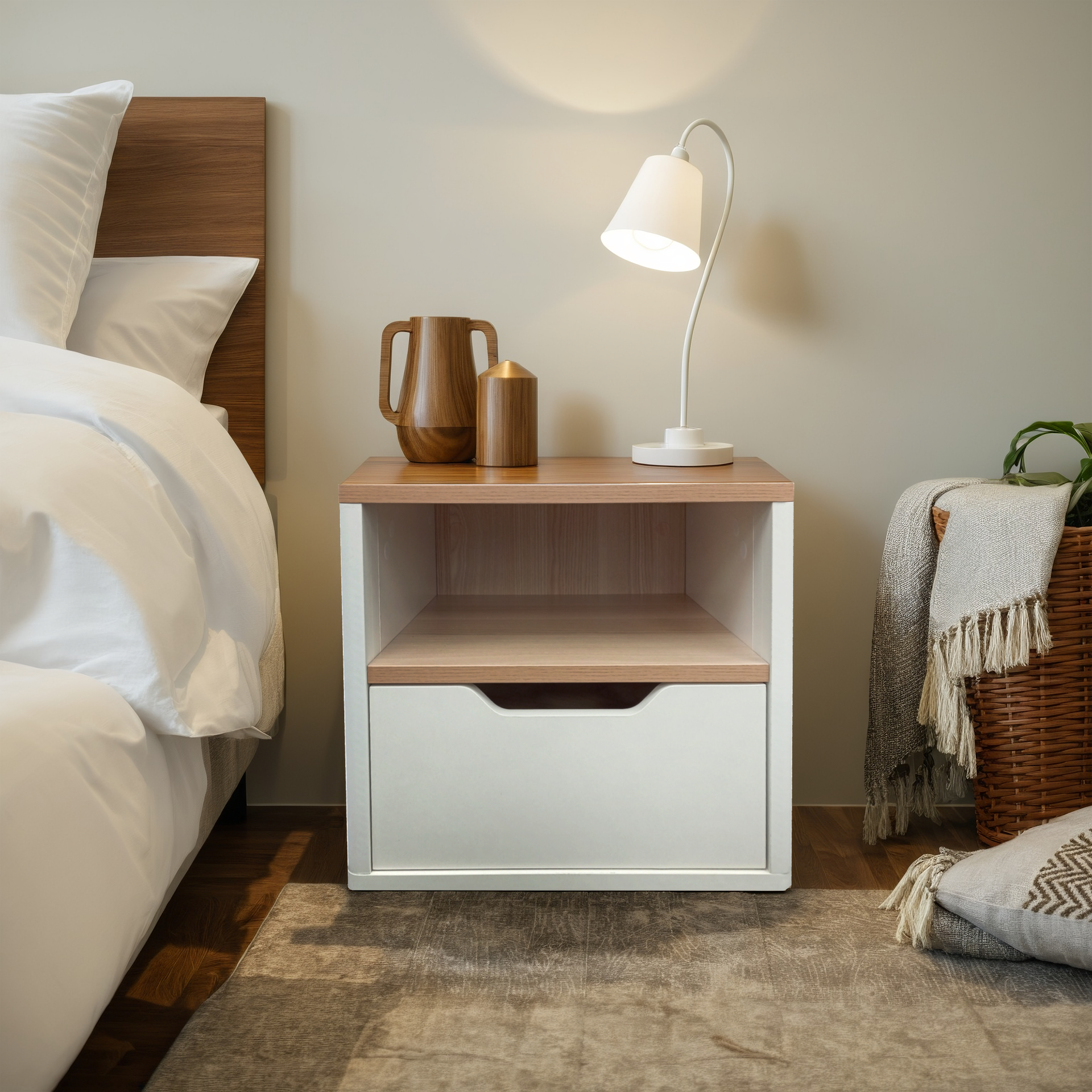 Orino Bedside Table, White & Diamond Wood