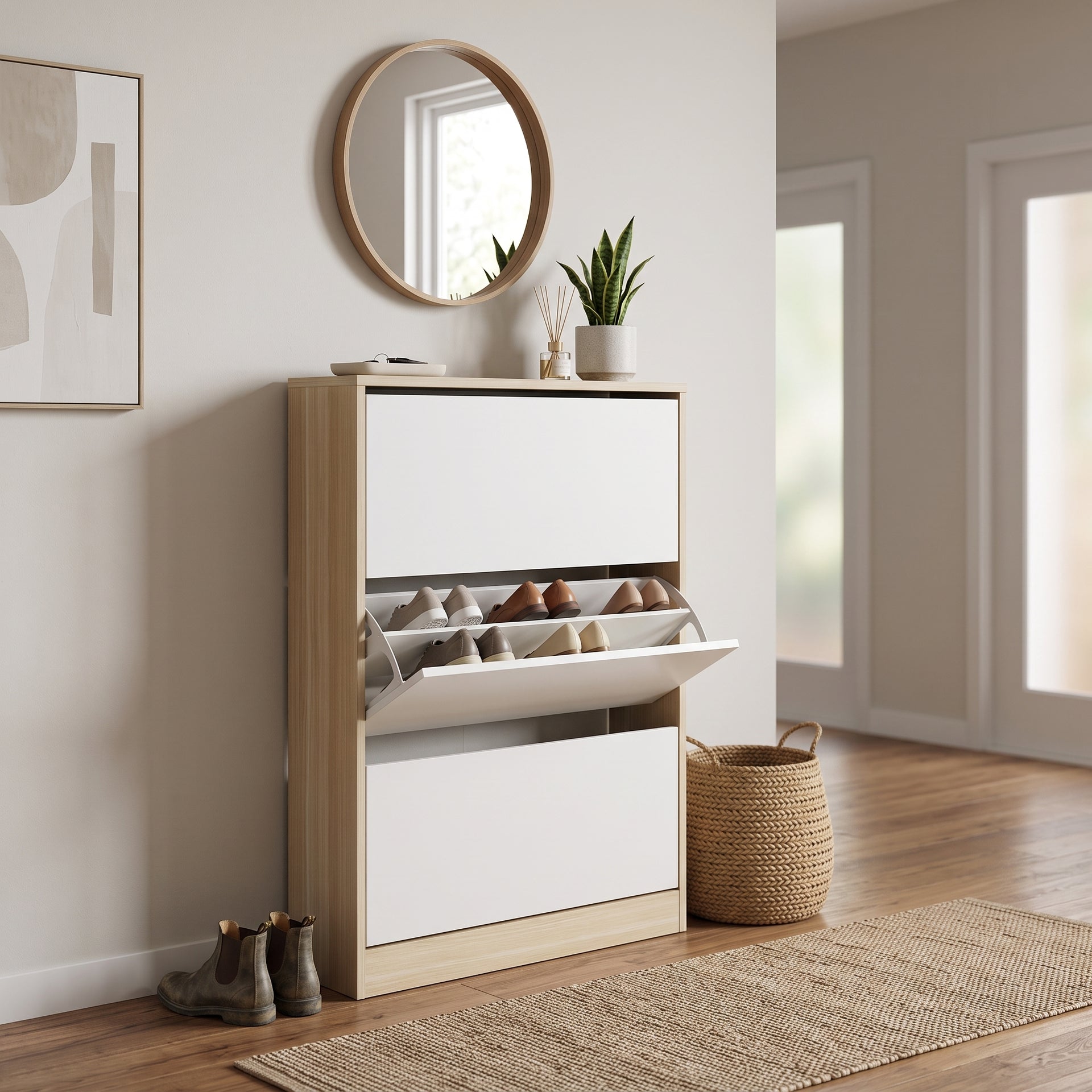 Pavia Shoe Cabinet, Oak & White