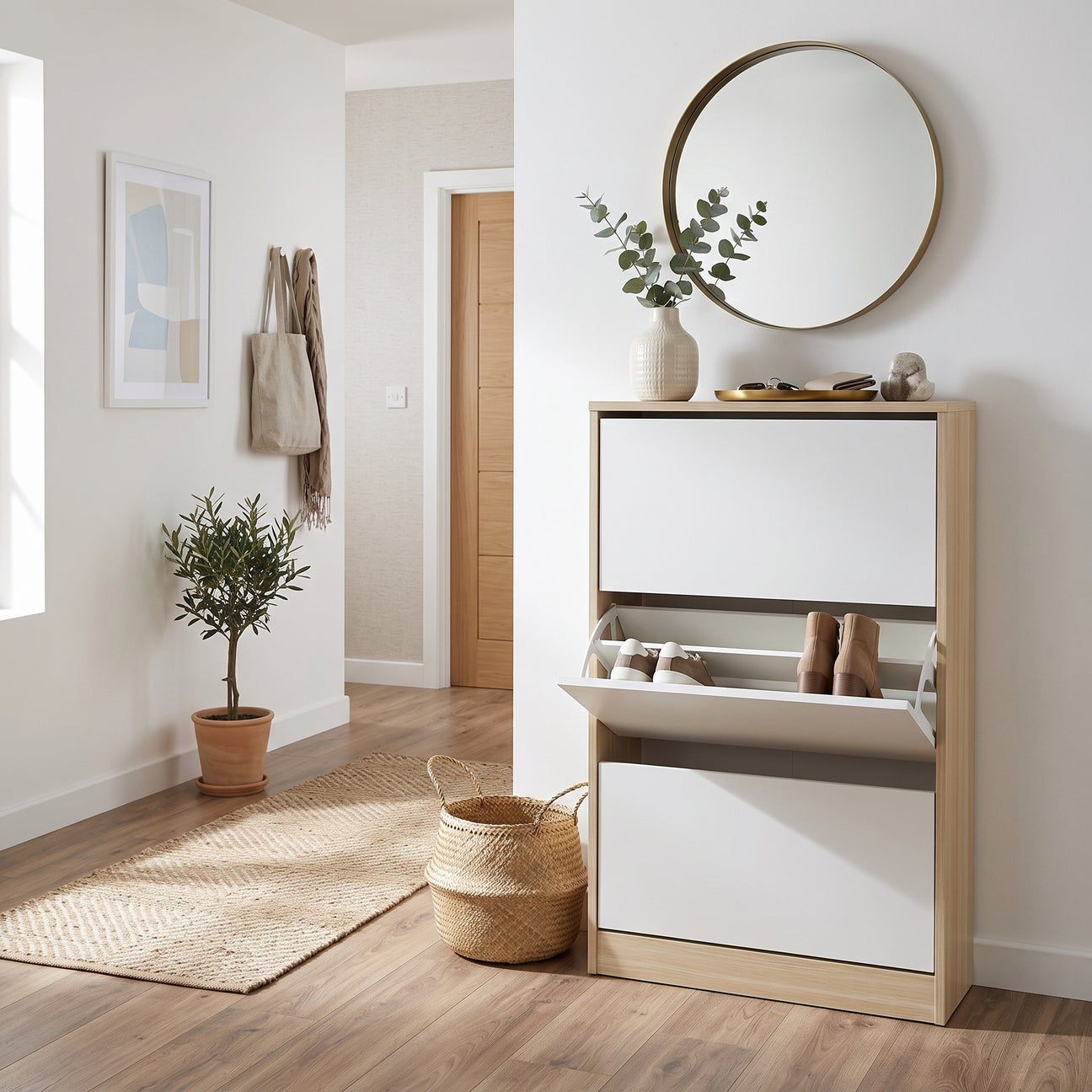 Pavia Shoe Cabinet, Oak & White