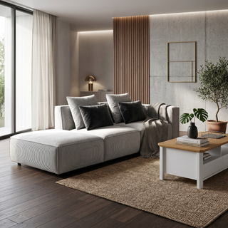 Pienza grey chaise lounge sofa with three-piece design and ottoman | Proferlo