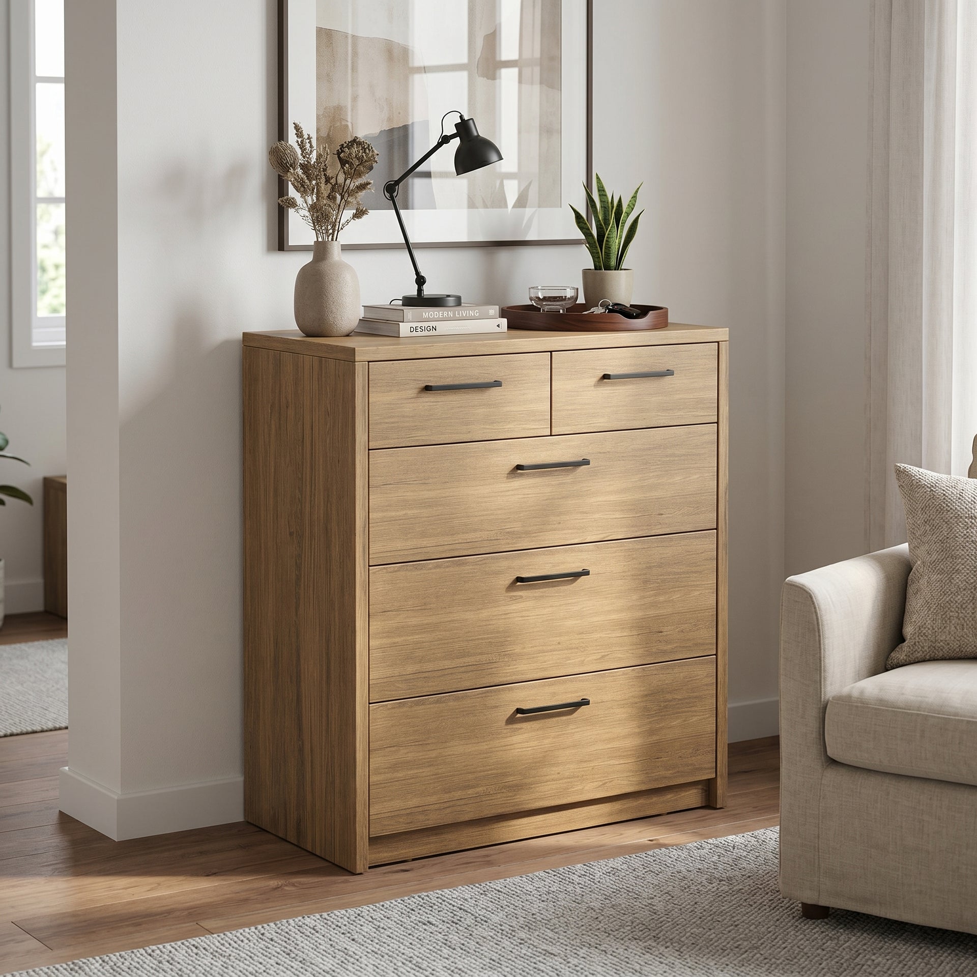 Platsa 2 over 3 Drawer Tallboy, Grey Oak