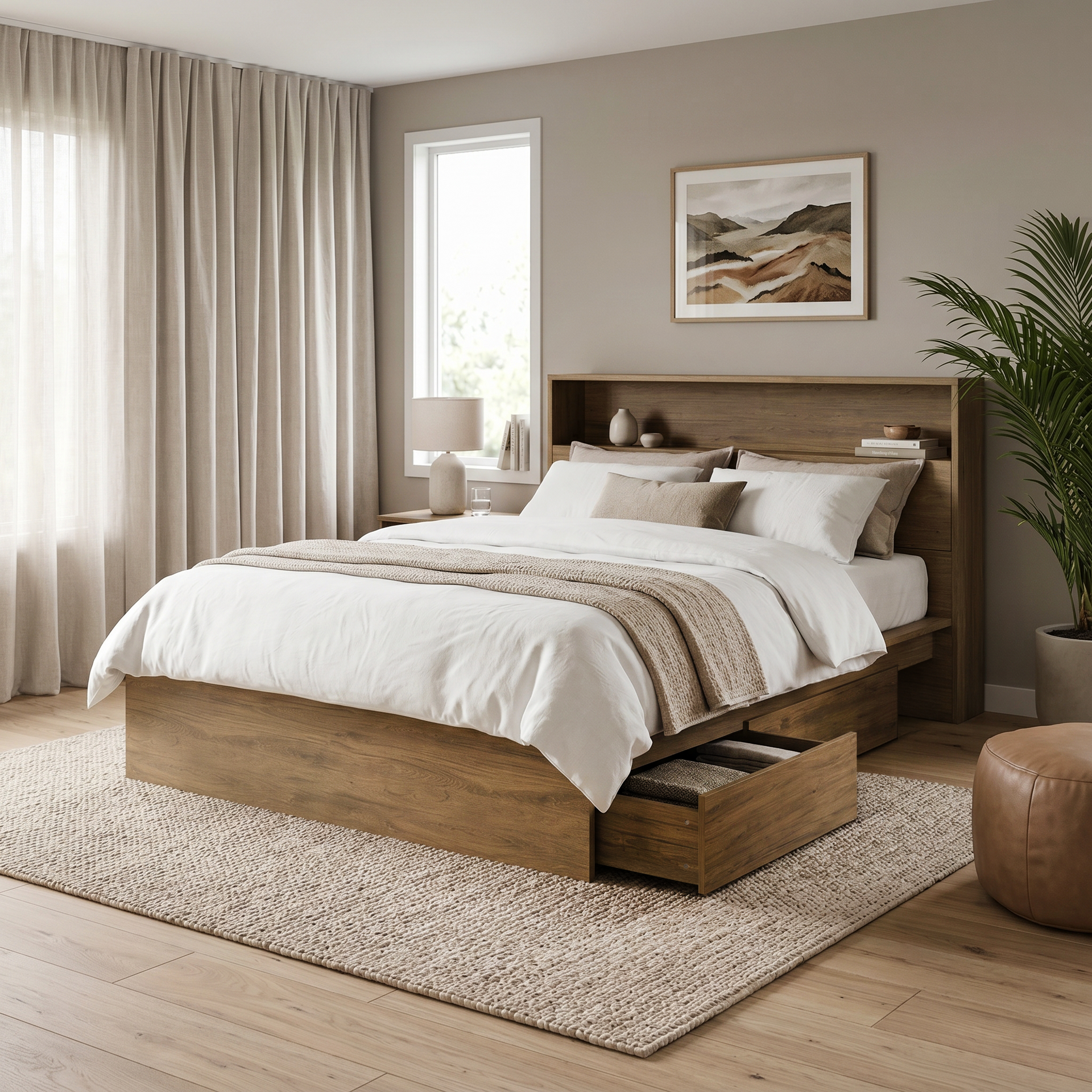 Platsa storage bedframe in light oak with concealed headboard compartments and under-bed drawers | Proferlo