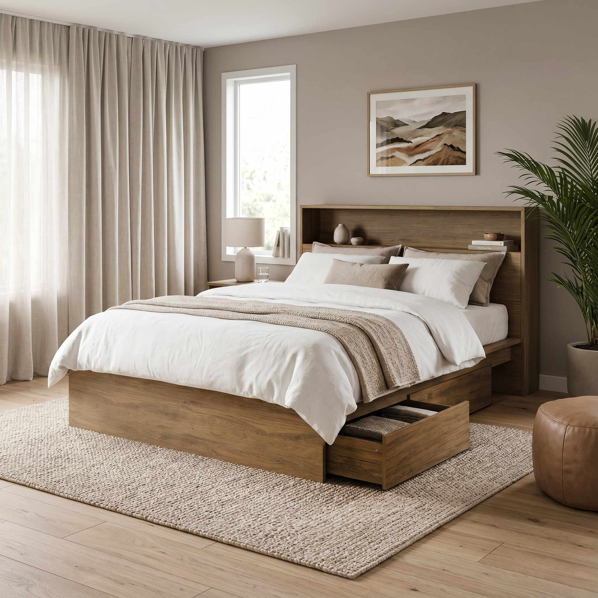 Platsa storage bedframe in light oak with concealed headboard storage and under-bed drawers | Proferlo