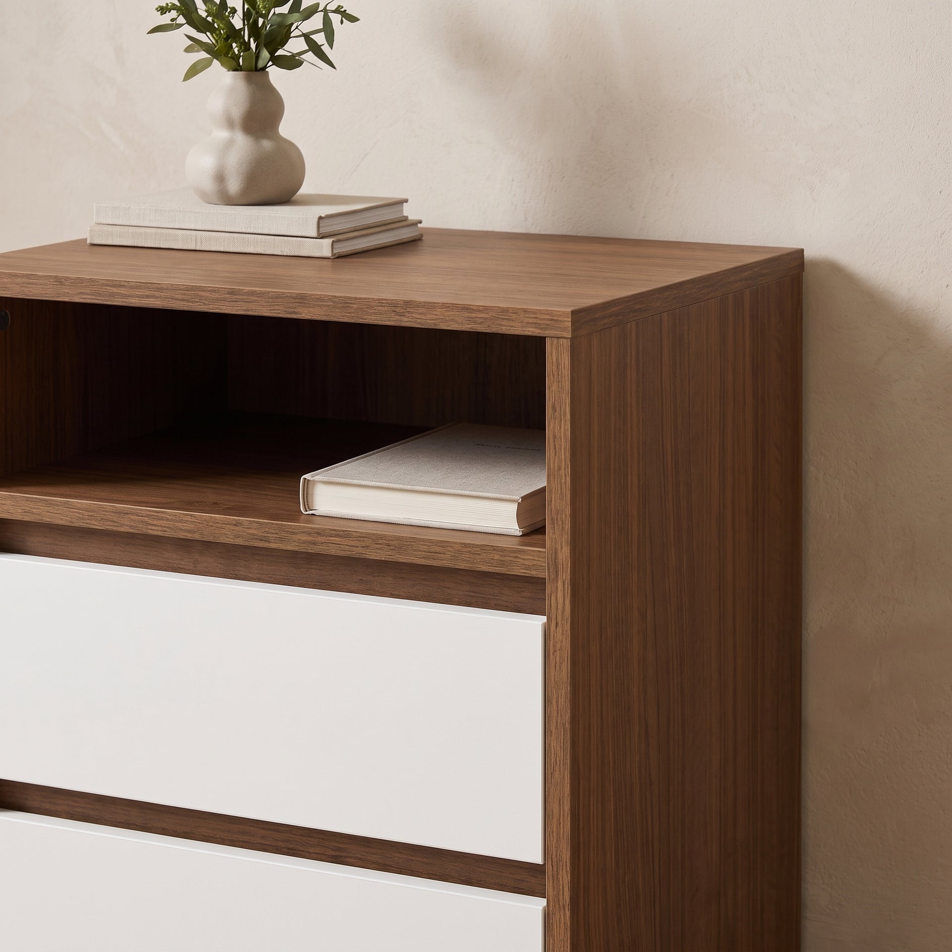 Polia Bedside Table, Brown & White