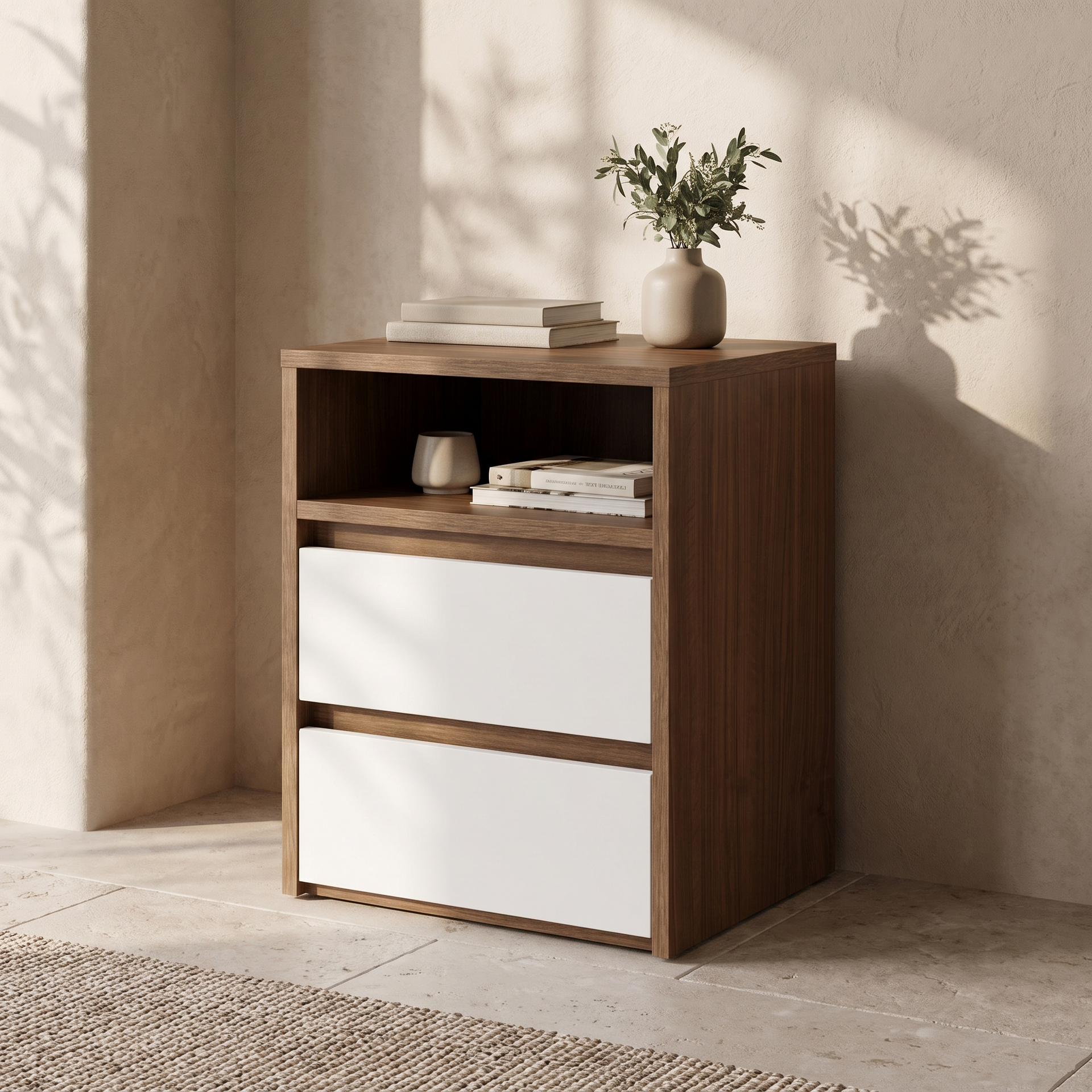 Polia Bedside Table, Brown & White