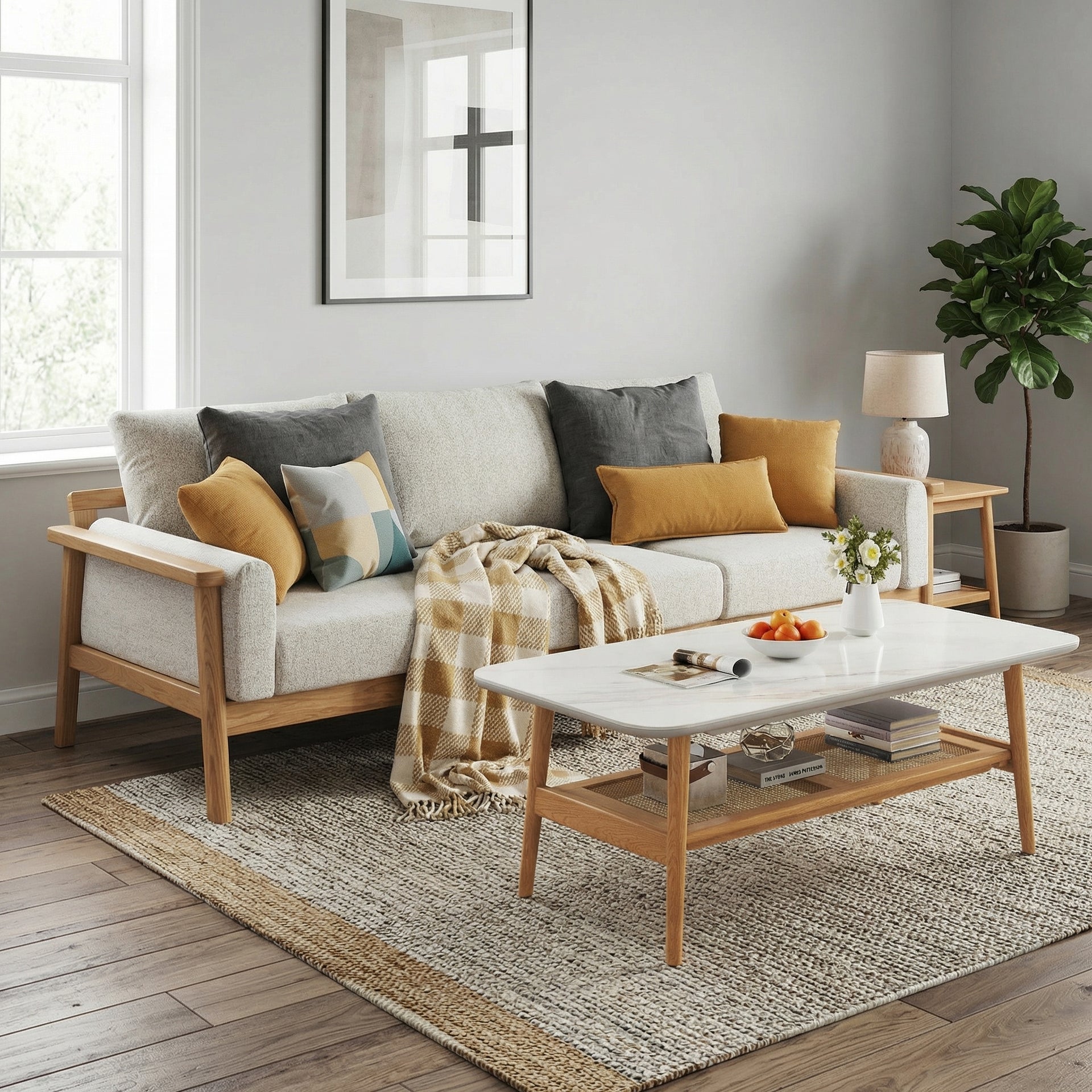 Remini 3 Seater Solidwood Sofa, Beige