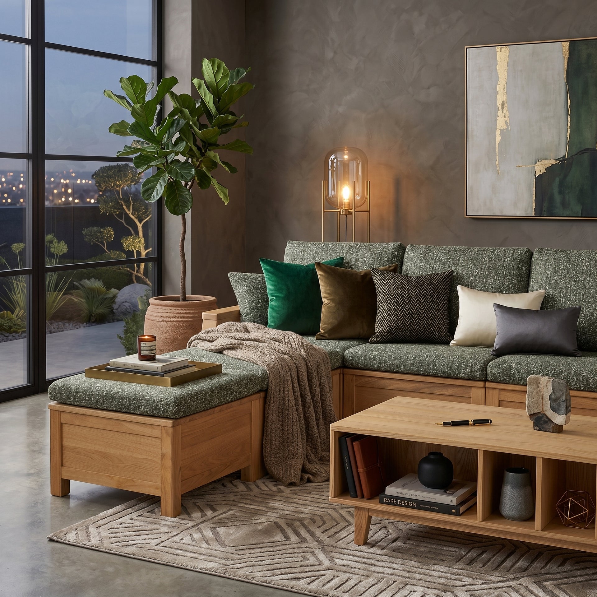 Remini 4 Seater Solidwood Sofa with Ottoman, Green