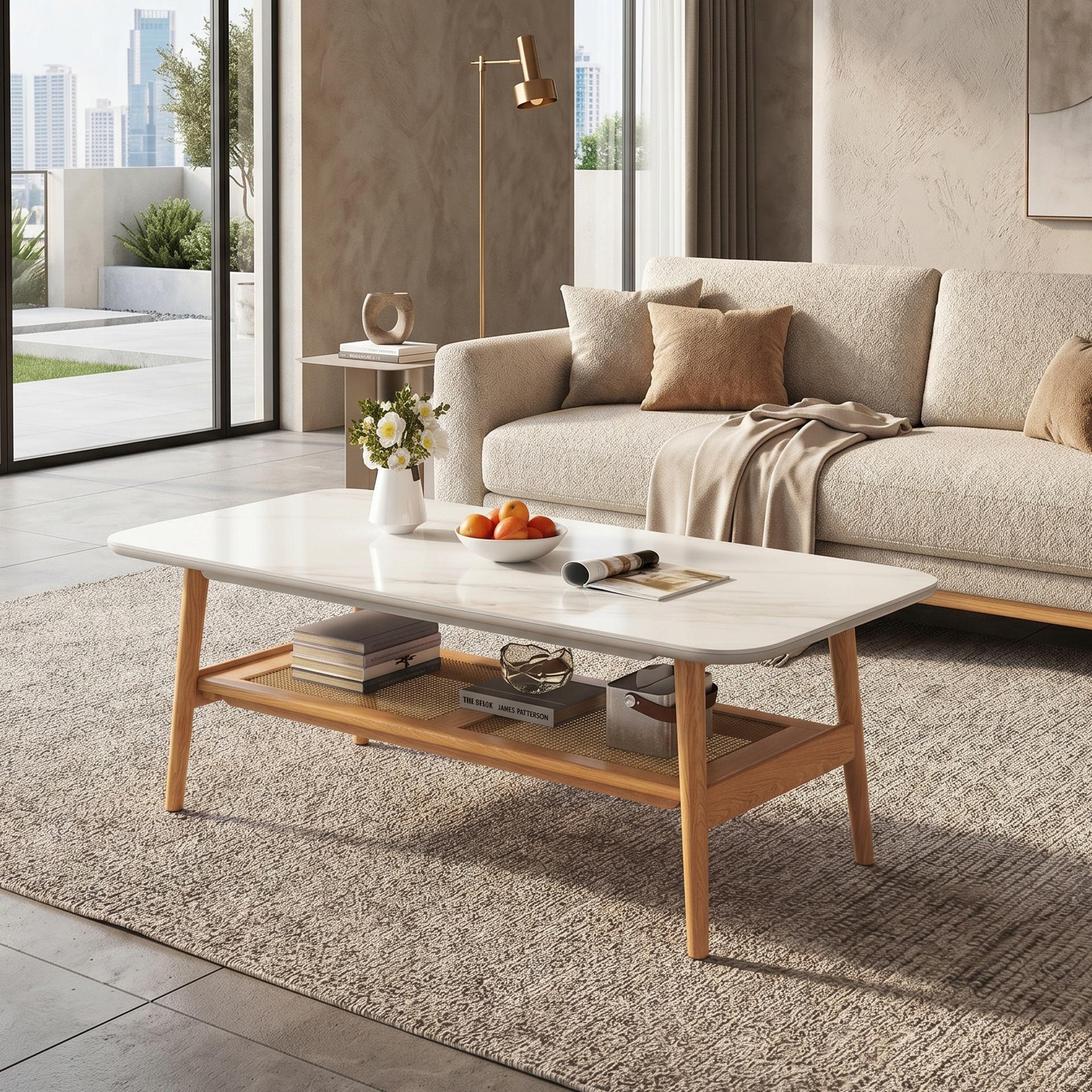 Remini Ceramic top Coffee Table, 1.2M, White & Wood
