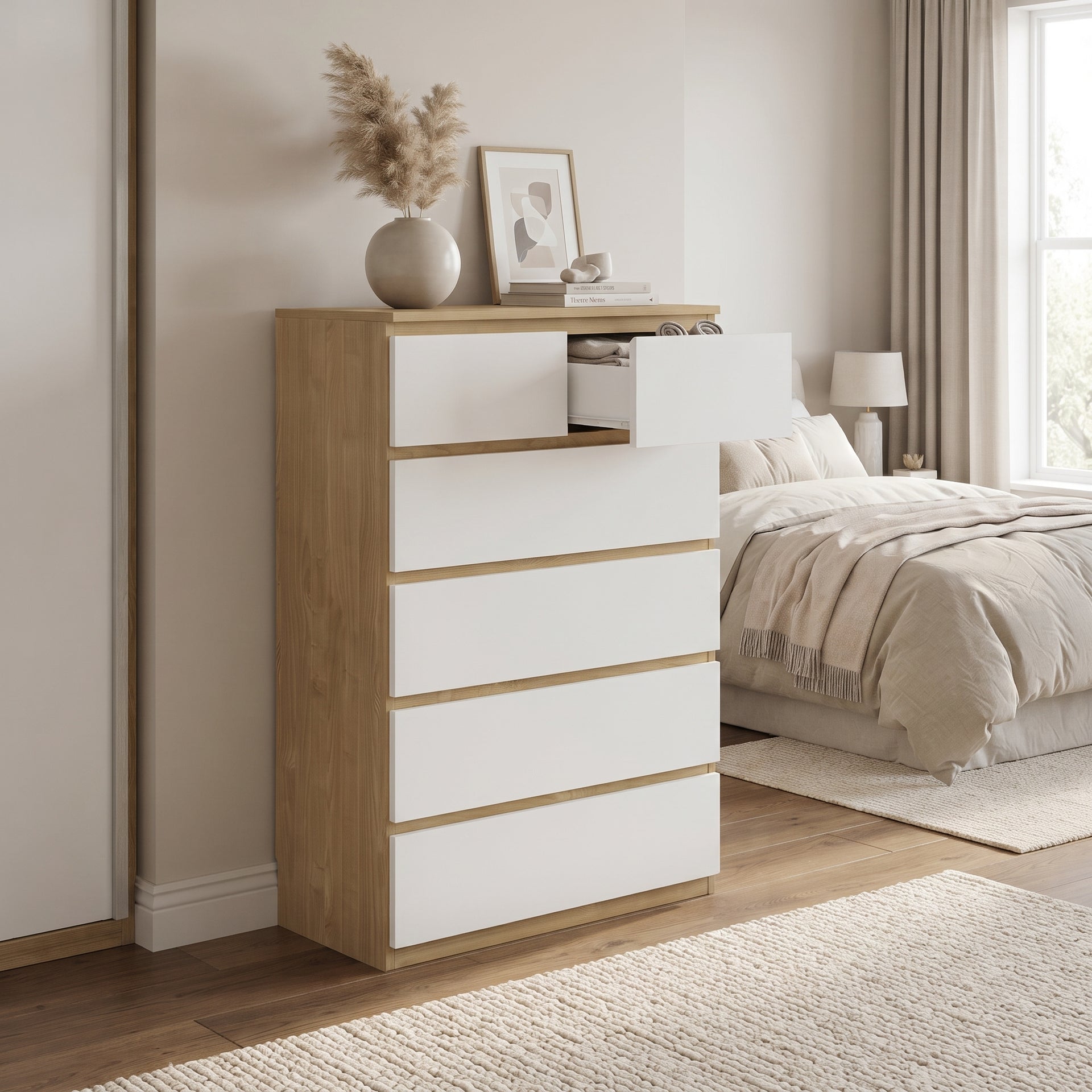 Sotta 2 over 4 Drawer Tallboy, Oak & White