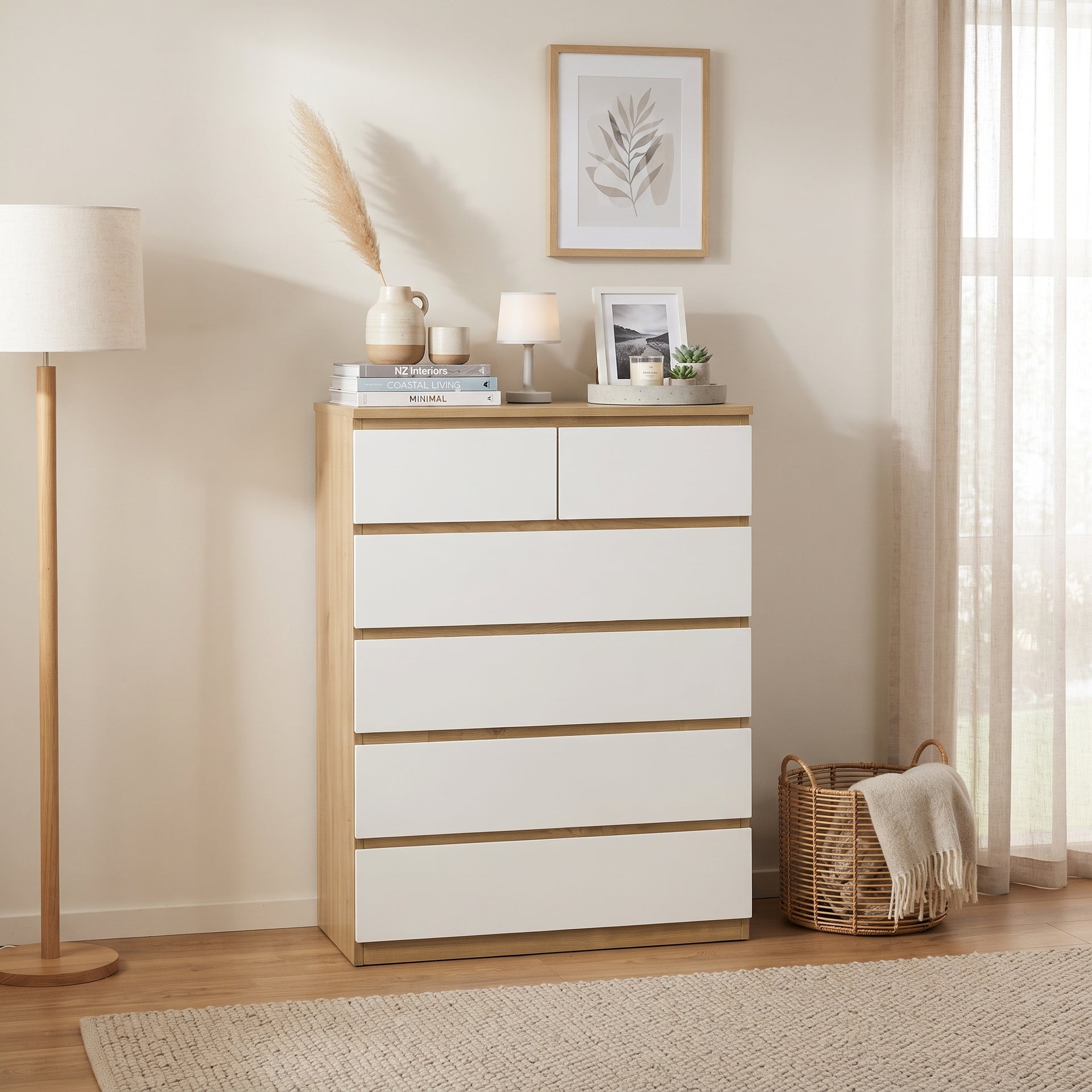 Sotta 2 over 4 Drawer Tallboy, Oak & White