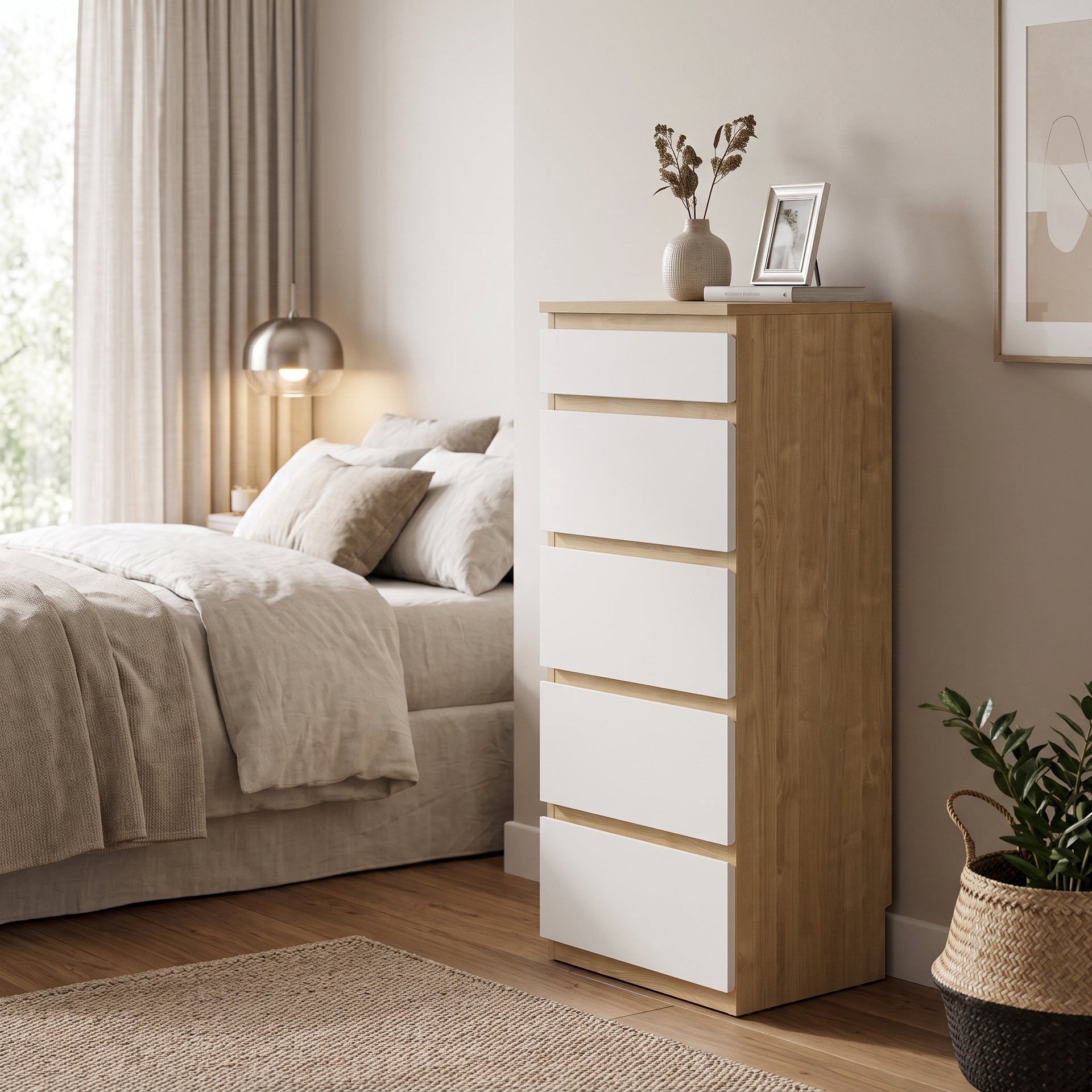 Sotta 5 Drawers Slimboy w Mirror, Oak & White