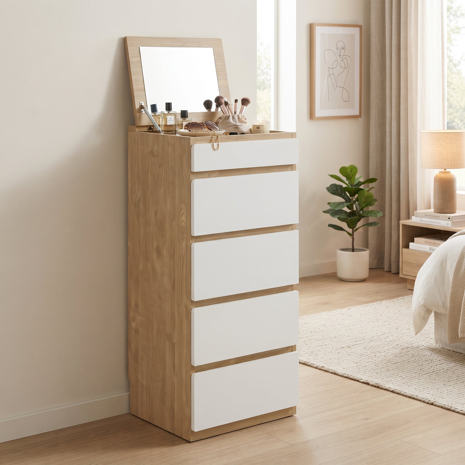 Sotta 5 Drawers Slimboy w Mirror, Oak & White