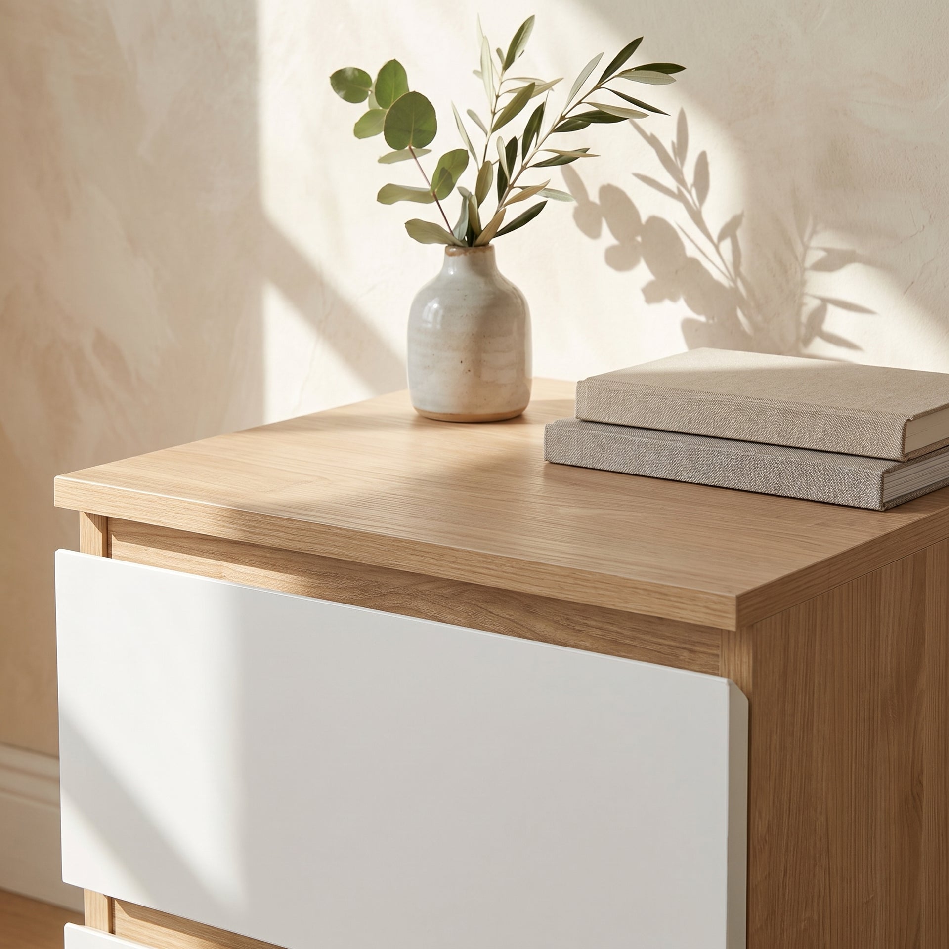 Sotta Bedside Table, Oak & White