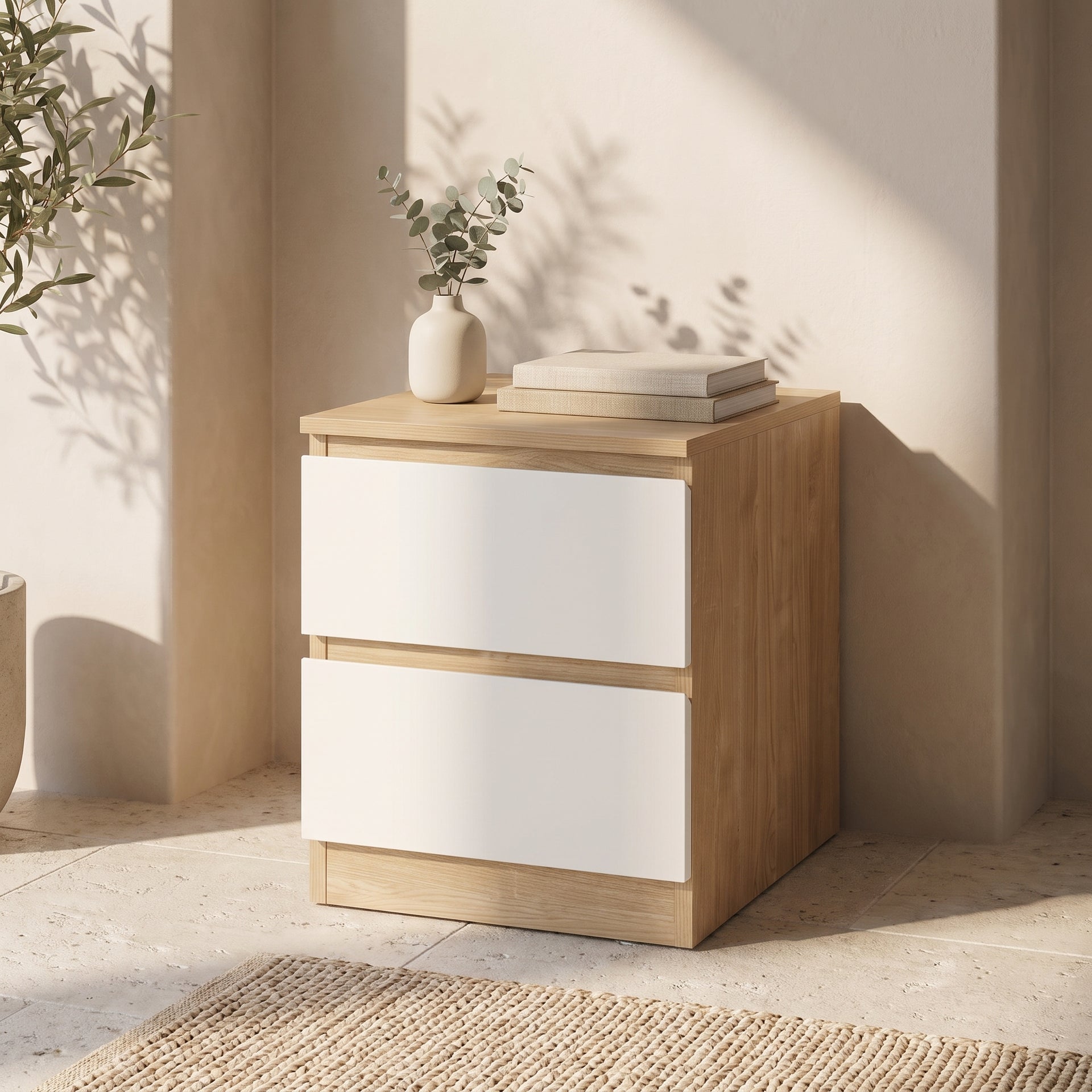 Sotta Bedside Table, Oak & White