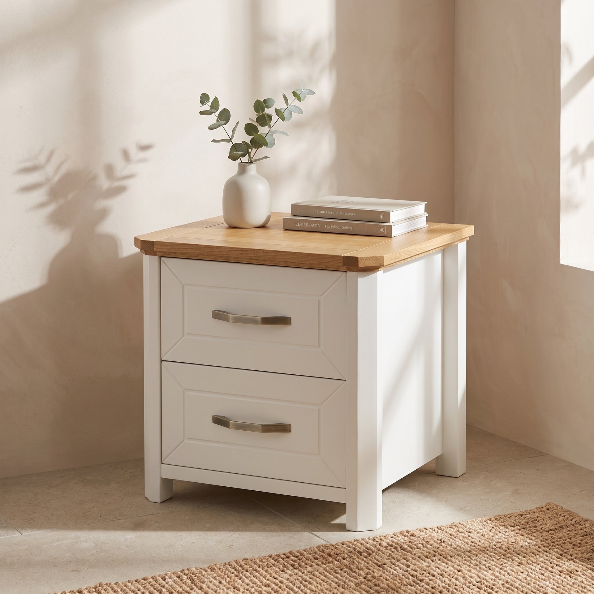 Stoven Bedside Table, White & Wood