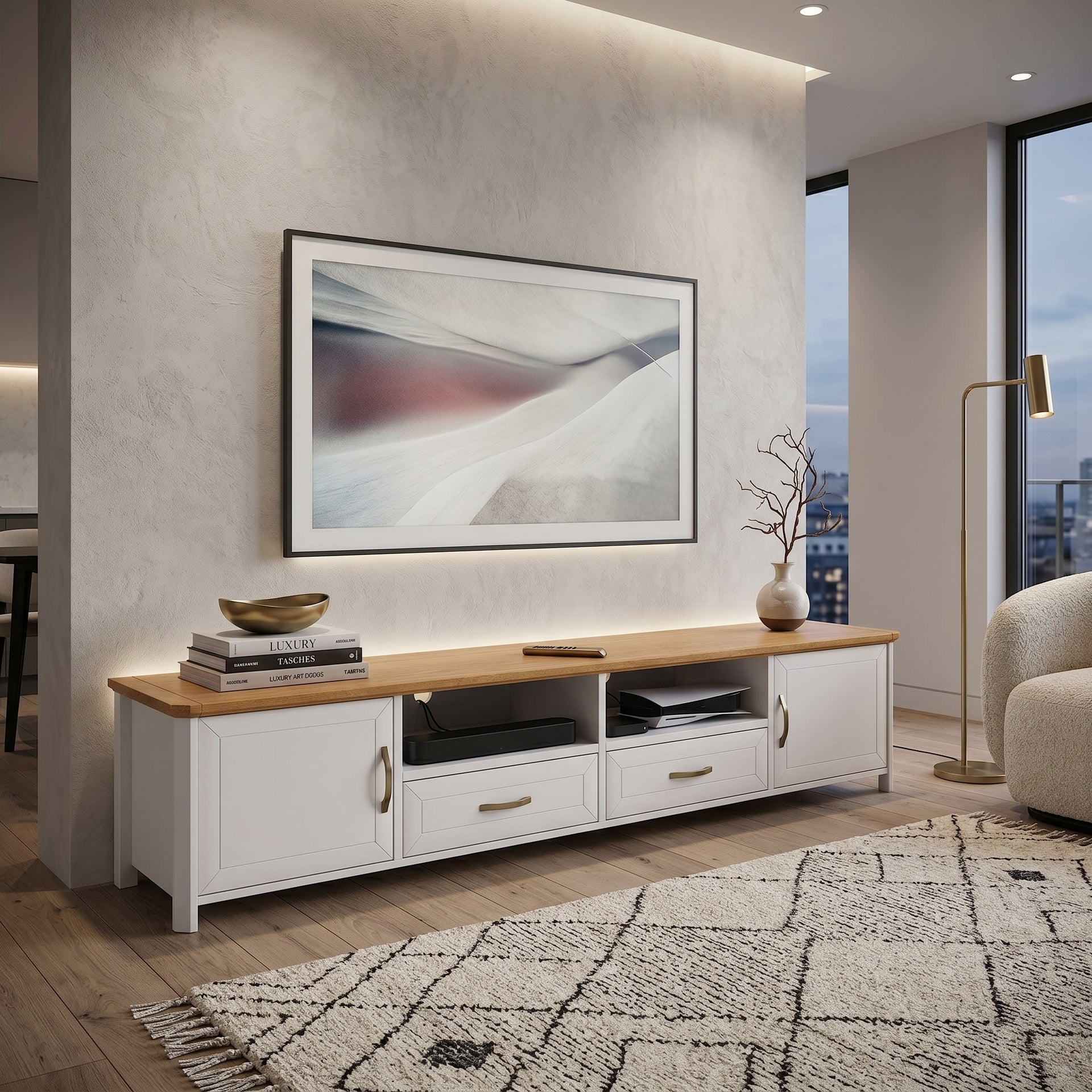 Stoven TV Stand, 2.4M, White & Wood