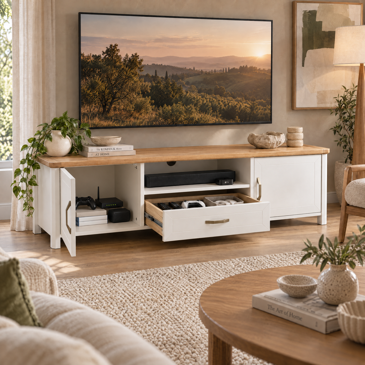 Stoven TV Stand, 1.8M, White & Wood