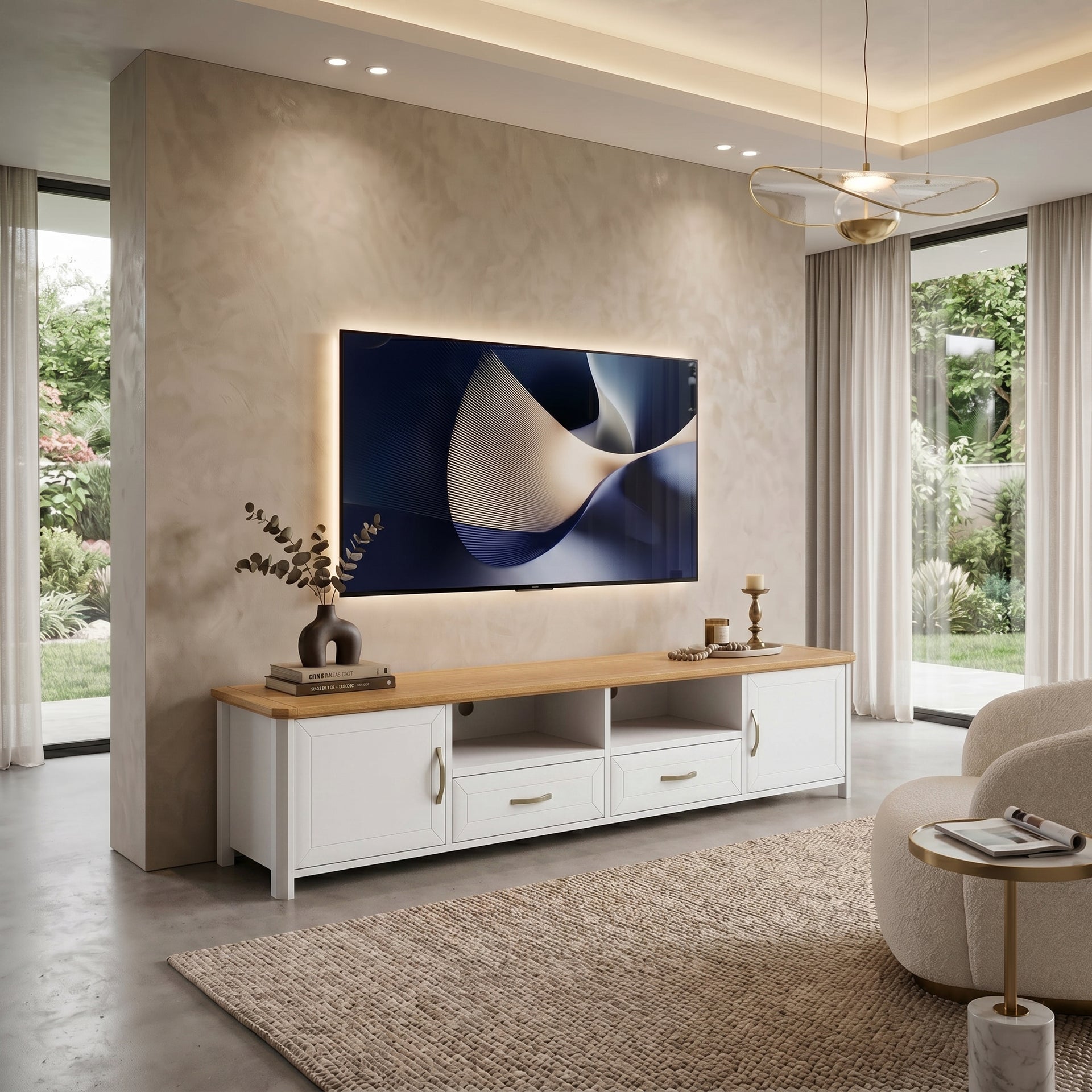 Stoven TV Stand, 1.8M, White & Wood