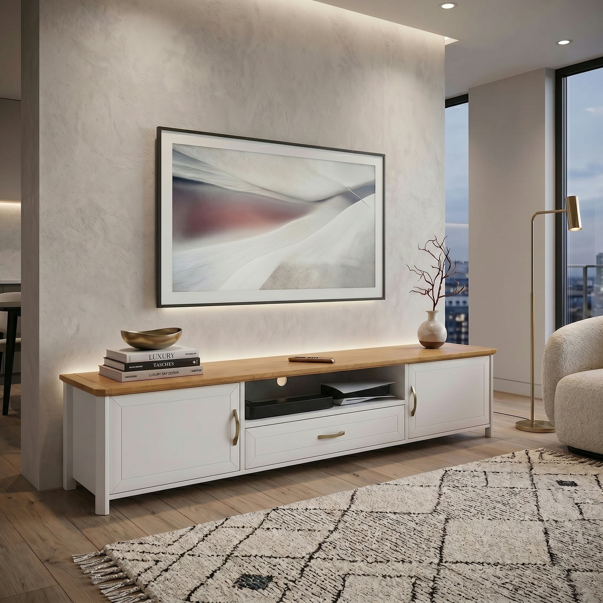 Stoven TV Stand, 1.8M, White & Wood