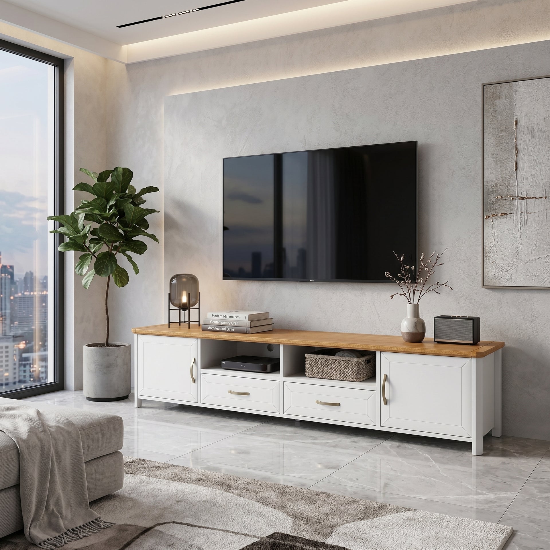 Stoven TV Stand, 2.4M, White & Wood
