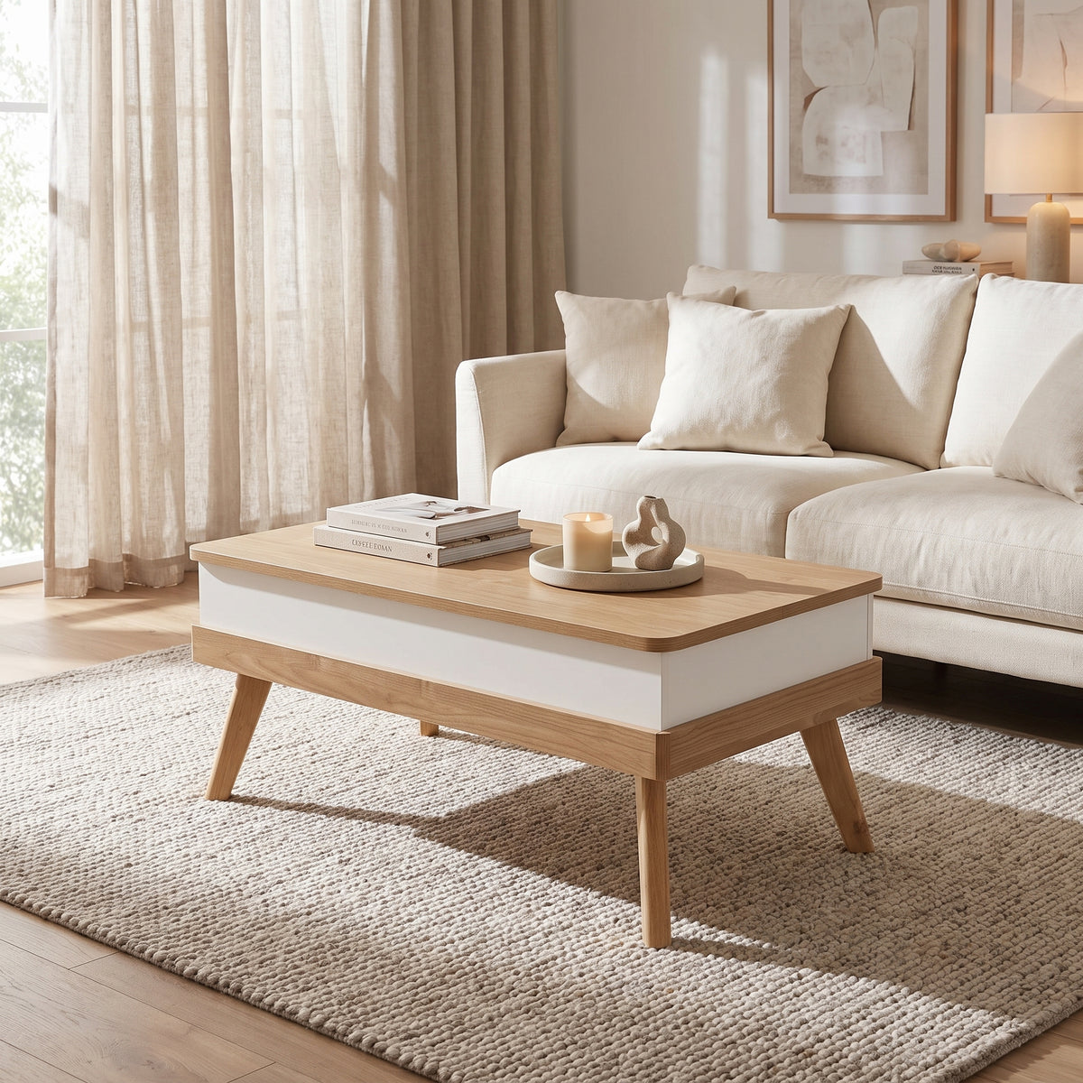 Tasman Lift Up Coffee Table, 1M, Oak & White