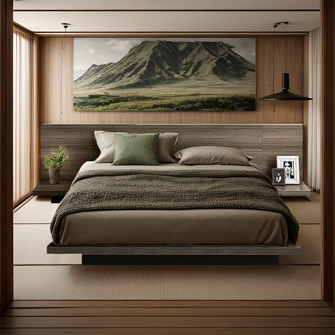 Masa Japanese Bed Base with Headboard, Super King- Slate Grey Walnut