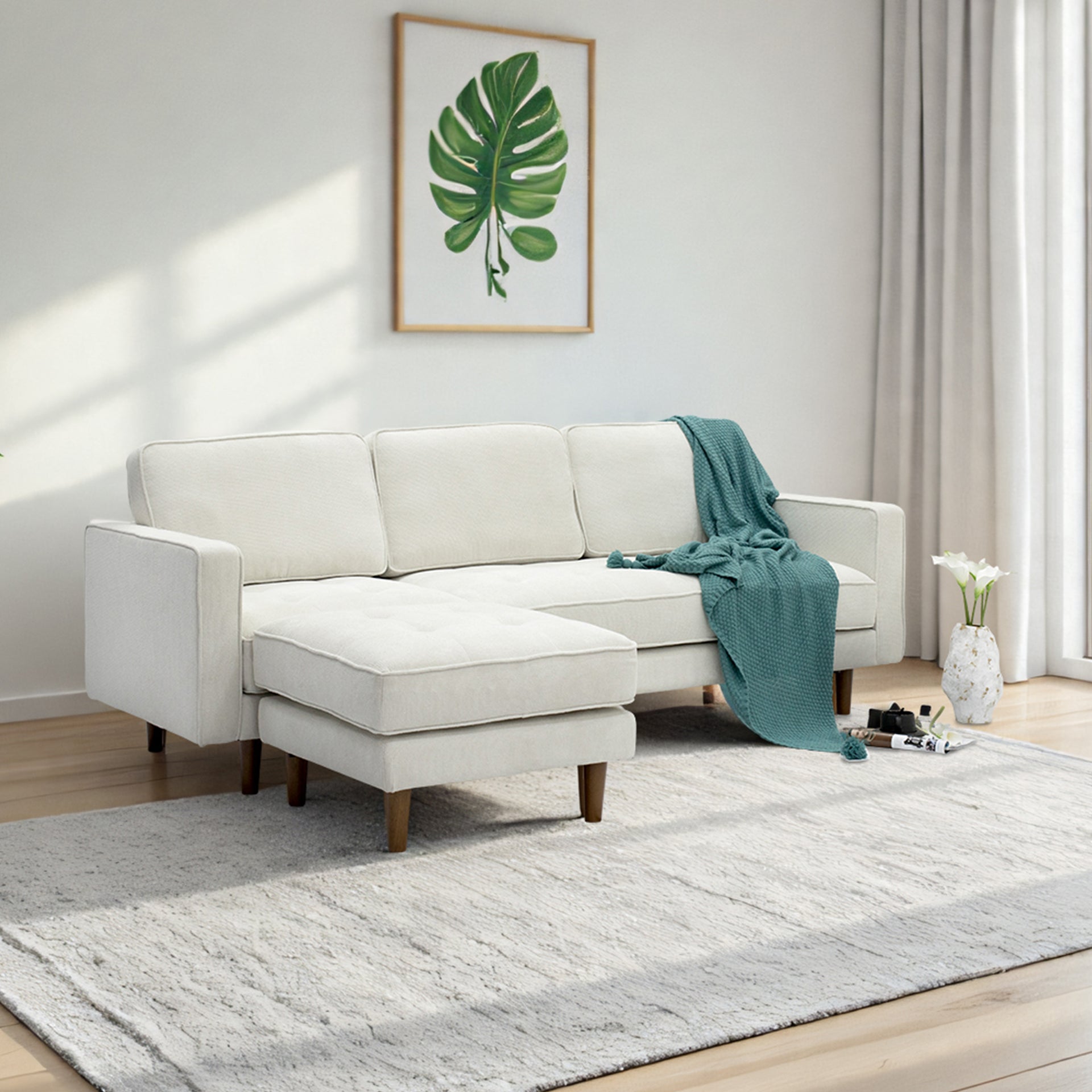 Forio Fabric 3-Seater sofa with Ottoman, Beige