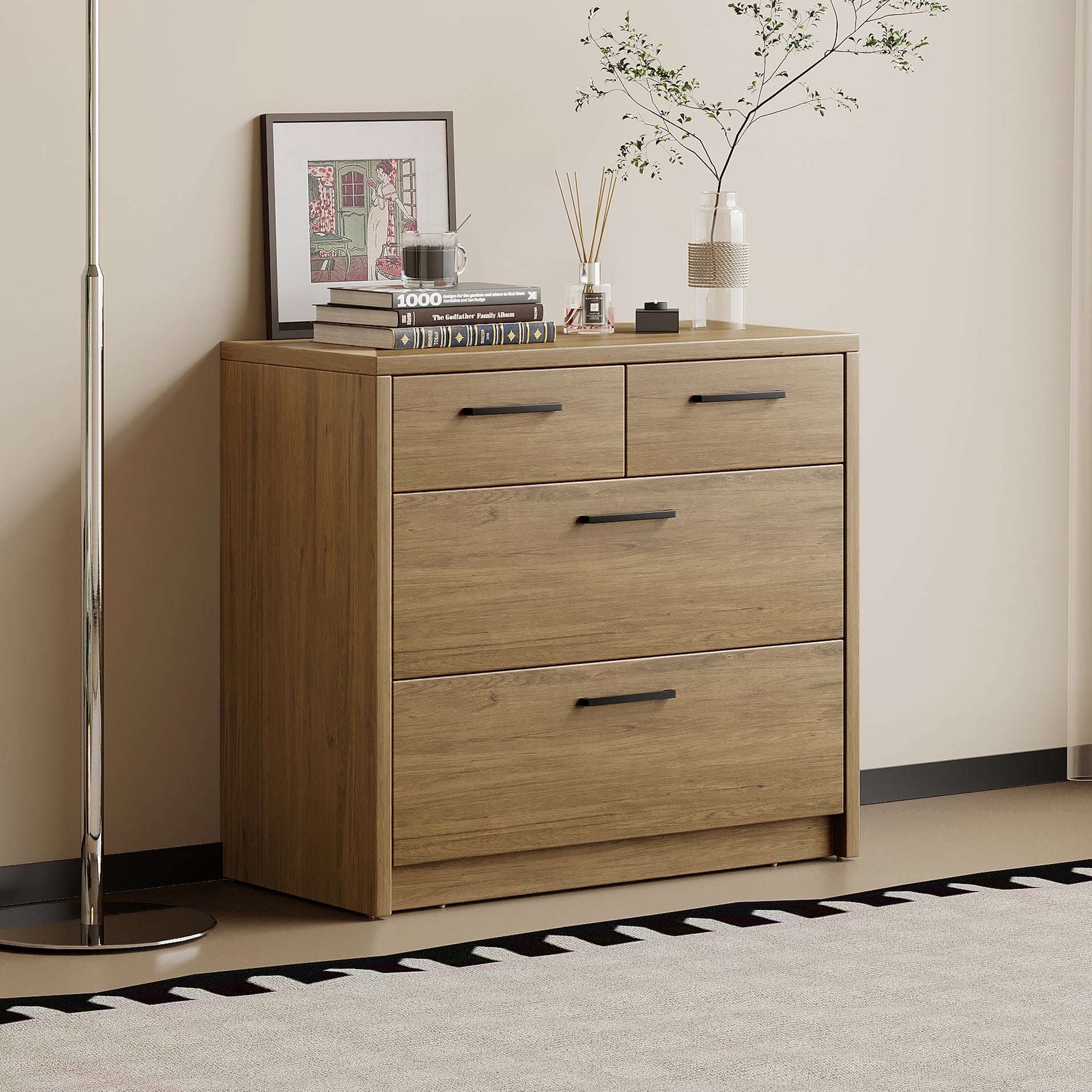 Platsa 2 over 2 Drawer Lowboy, Grey Oak