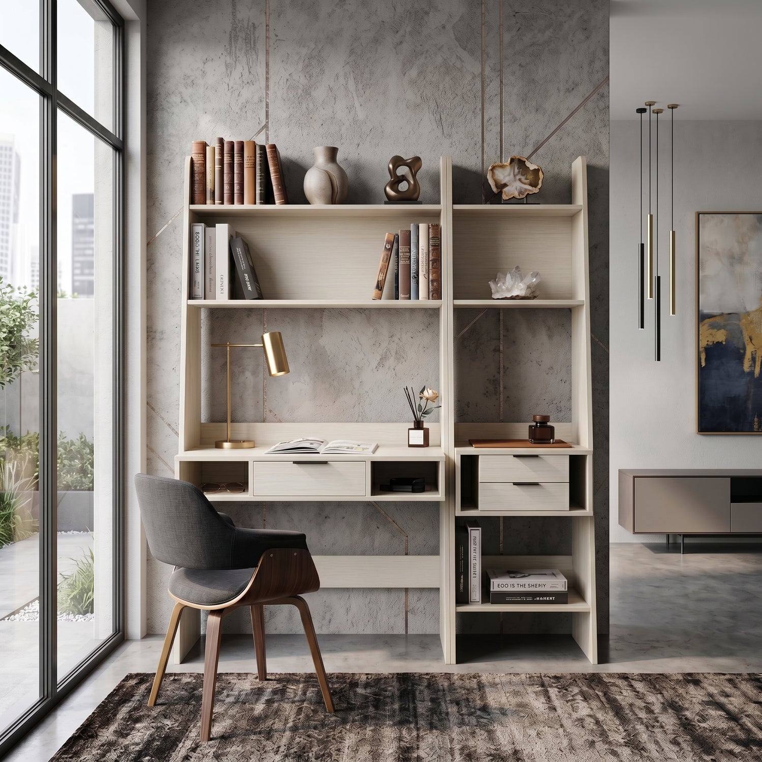 Cortona white office desk with built-in shelf, drawer and open storage compartments | Proferlo