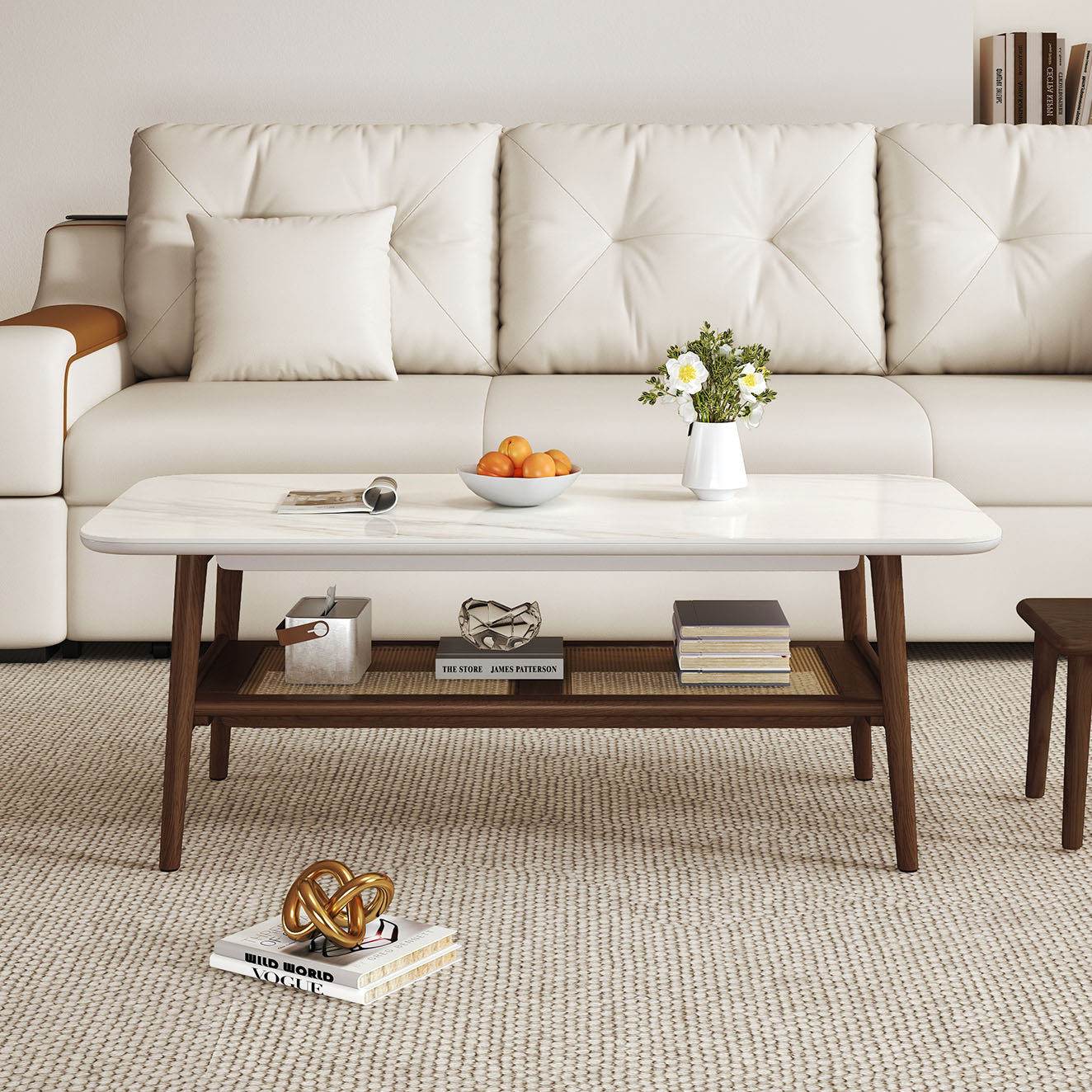 Remini Ceramic top Coffee Table, 1.2M, White & Walnut