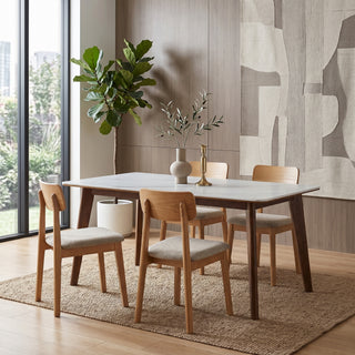 Messina Dining Table with white marble-look stone top and solid walnut wood legs | Proferlo